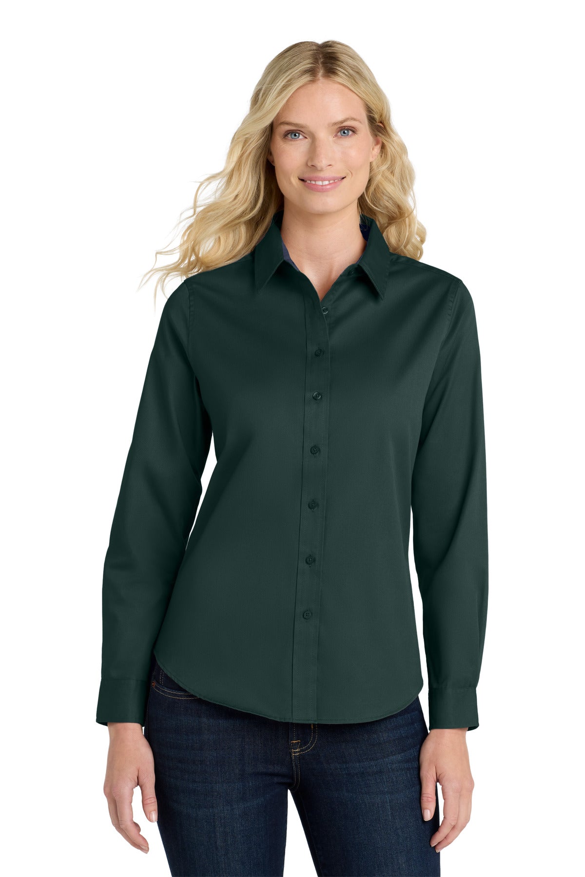 Port Authority Women's Long Sleeve Easy Care Shirt.  L608 in Dark Green/ Navy