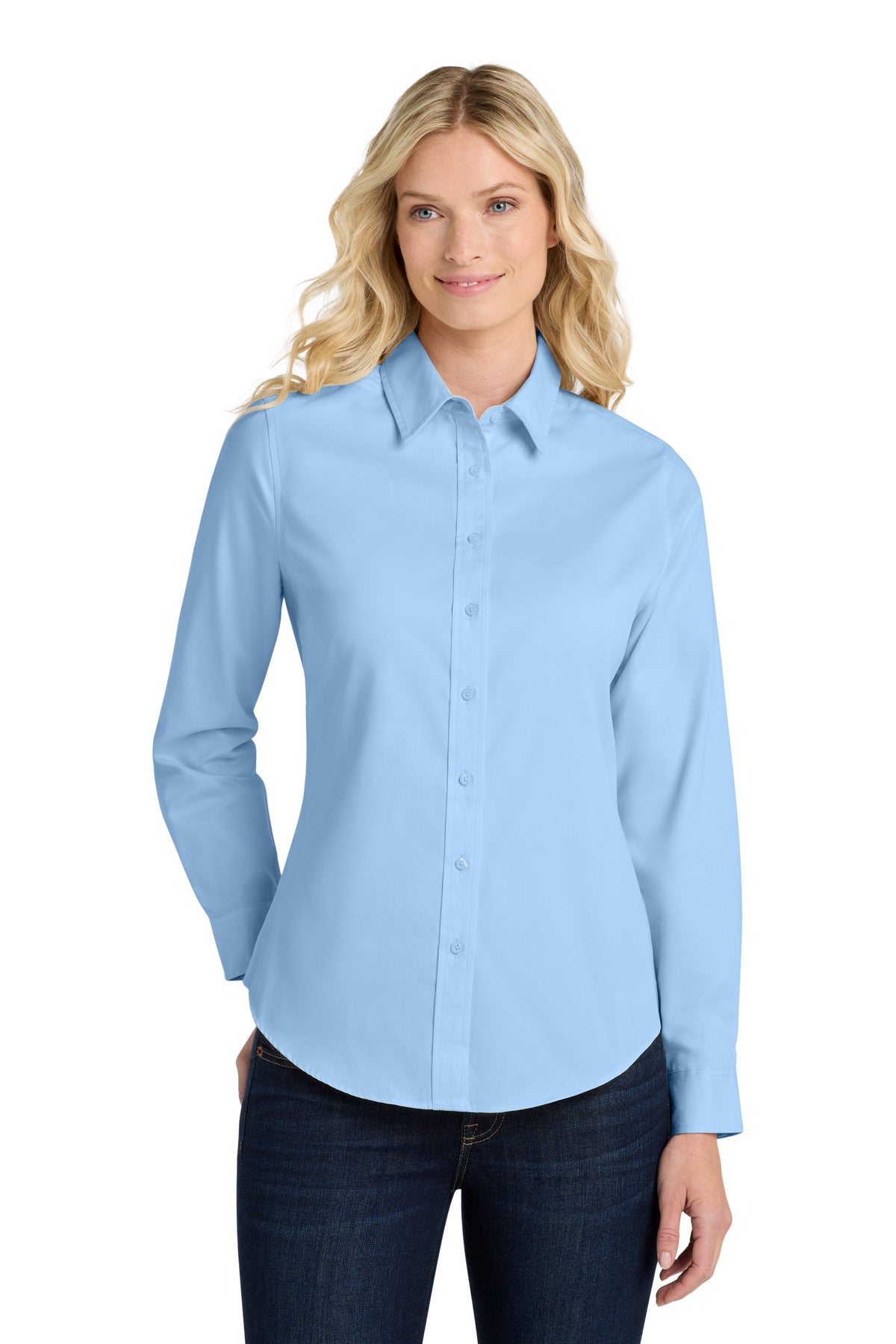 Port Authority Women's Long Sleeve Easy Care Shirt.  L608 in Light Blue/ Light Stone
