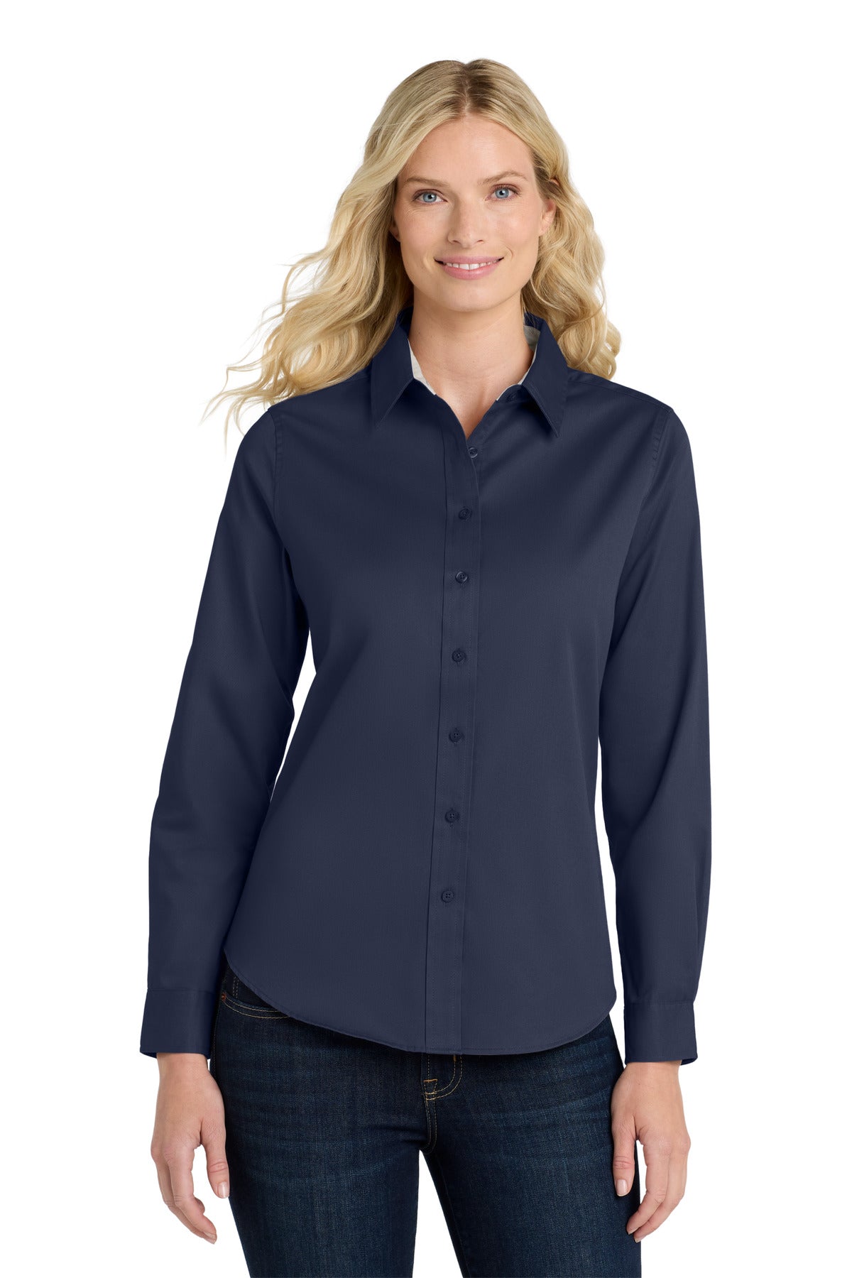 Port Authority Women's Long Sleeve Easy Care Shirt.  L608 in Navy/ Light Stone