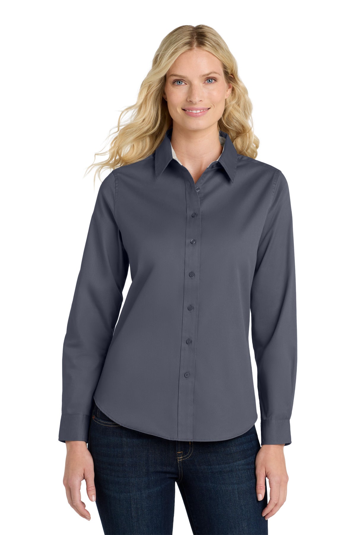Port Authority Women's Long Sleeve Easy Care Shirt.  L608 in Steel Grey/ Light Stone