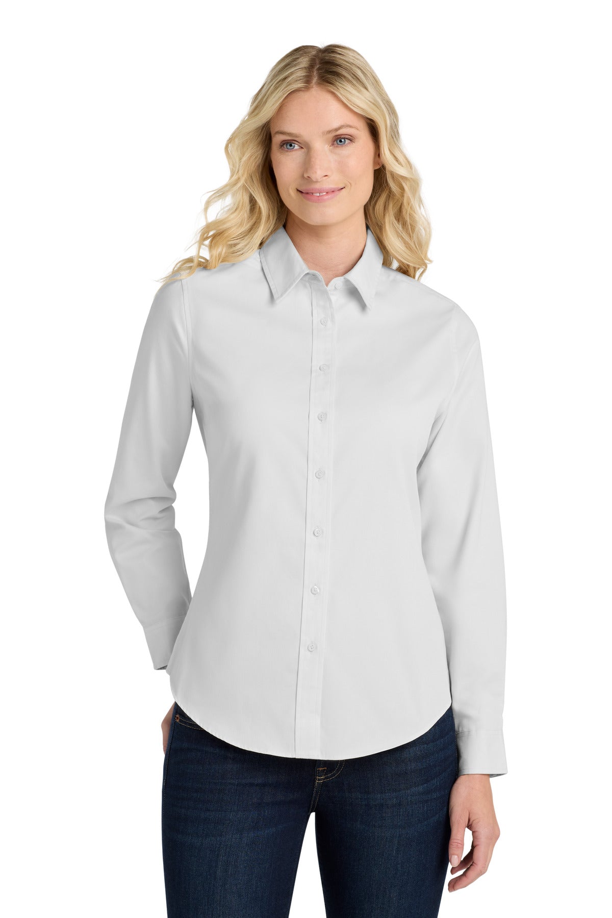 Port Authority Women's Long Sleeve Easy Care Shirt.  L608 in White/ Light Stone