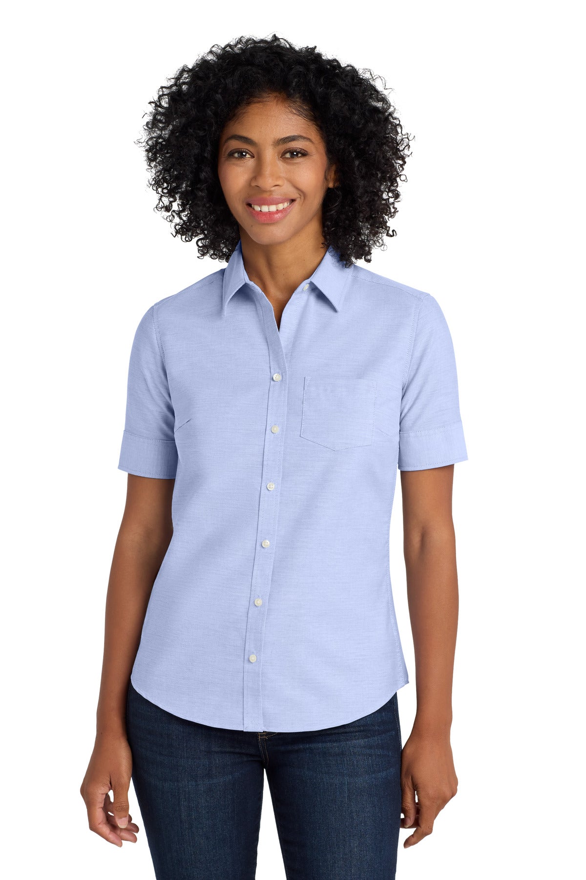 Port Authority Women's Short Sleeve SuperPro Oxford Shirt. L659 in Oxford Blue