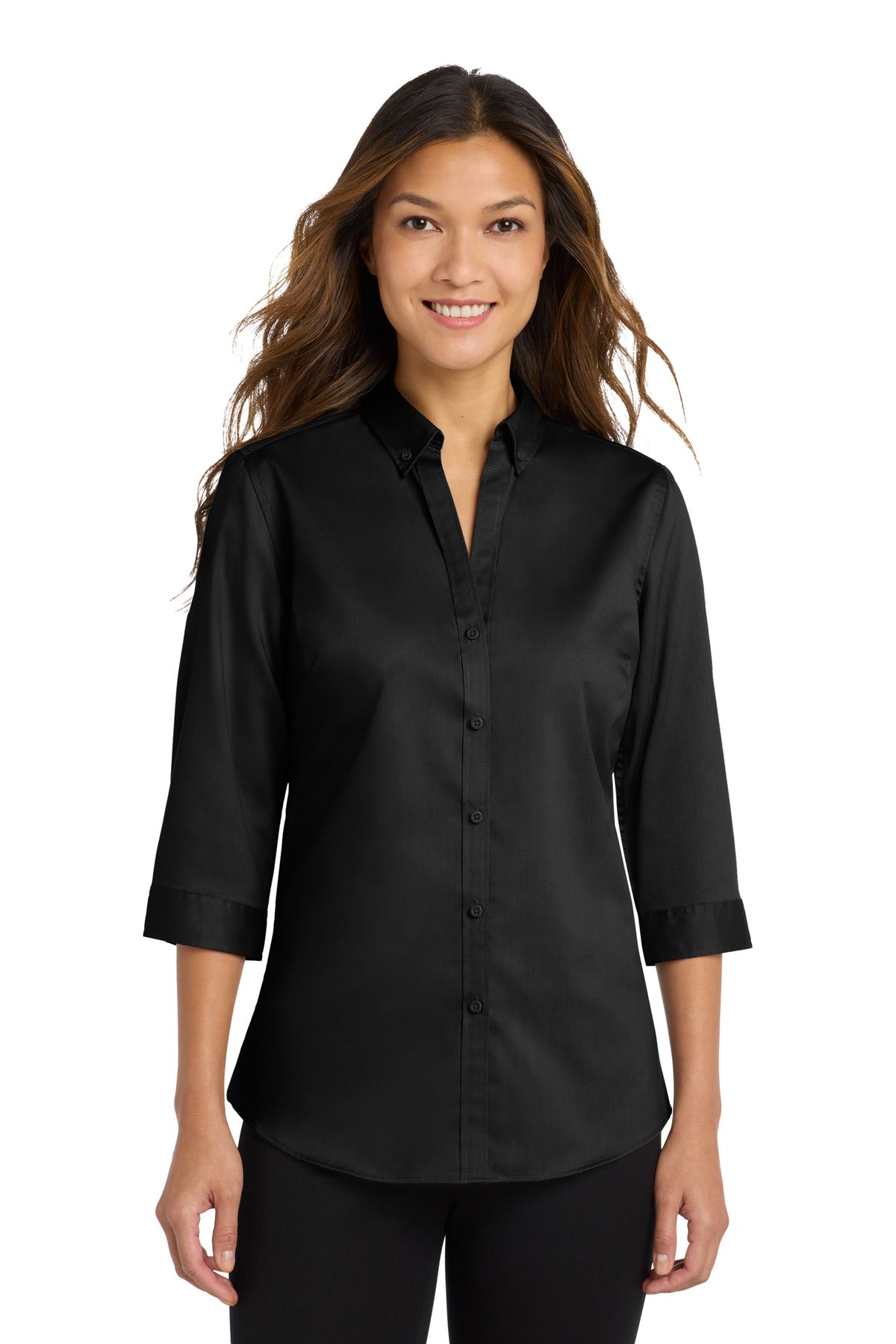 Port Authority Women's 3/4-Sleeve SuperPro Twill Shirt. L665 in Black