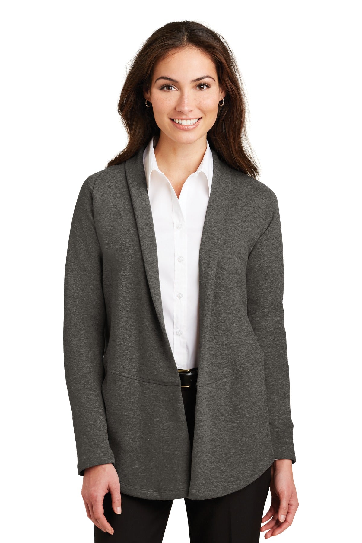 Port Authority Women's Interlock Cardigan. L807 in Charcoal Heather/ Medium Heather Grey