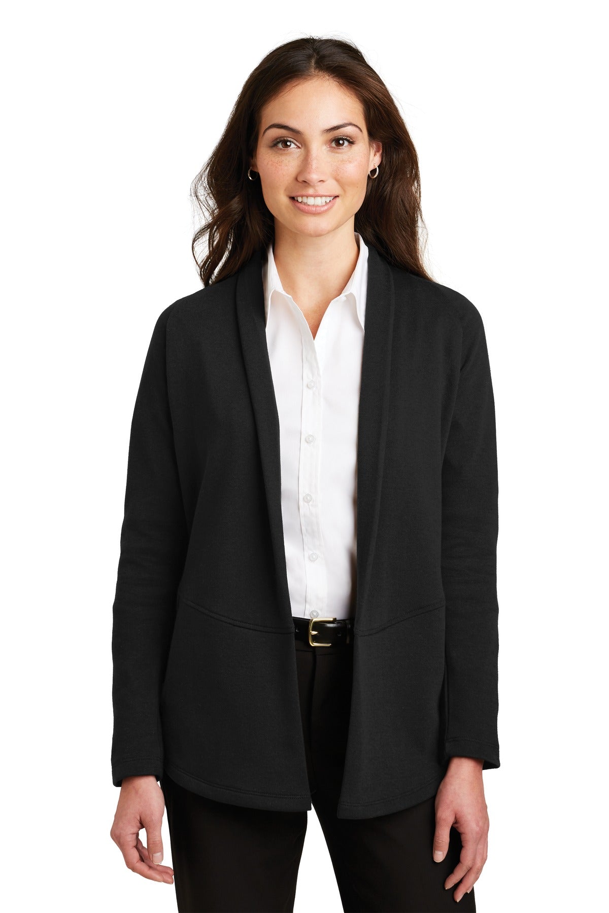 Port Authority Women's Interlock Cardigan. L807 in Deep Black/ Charcoal Heather
