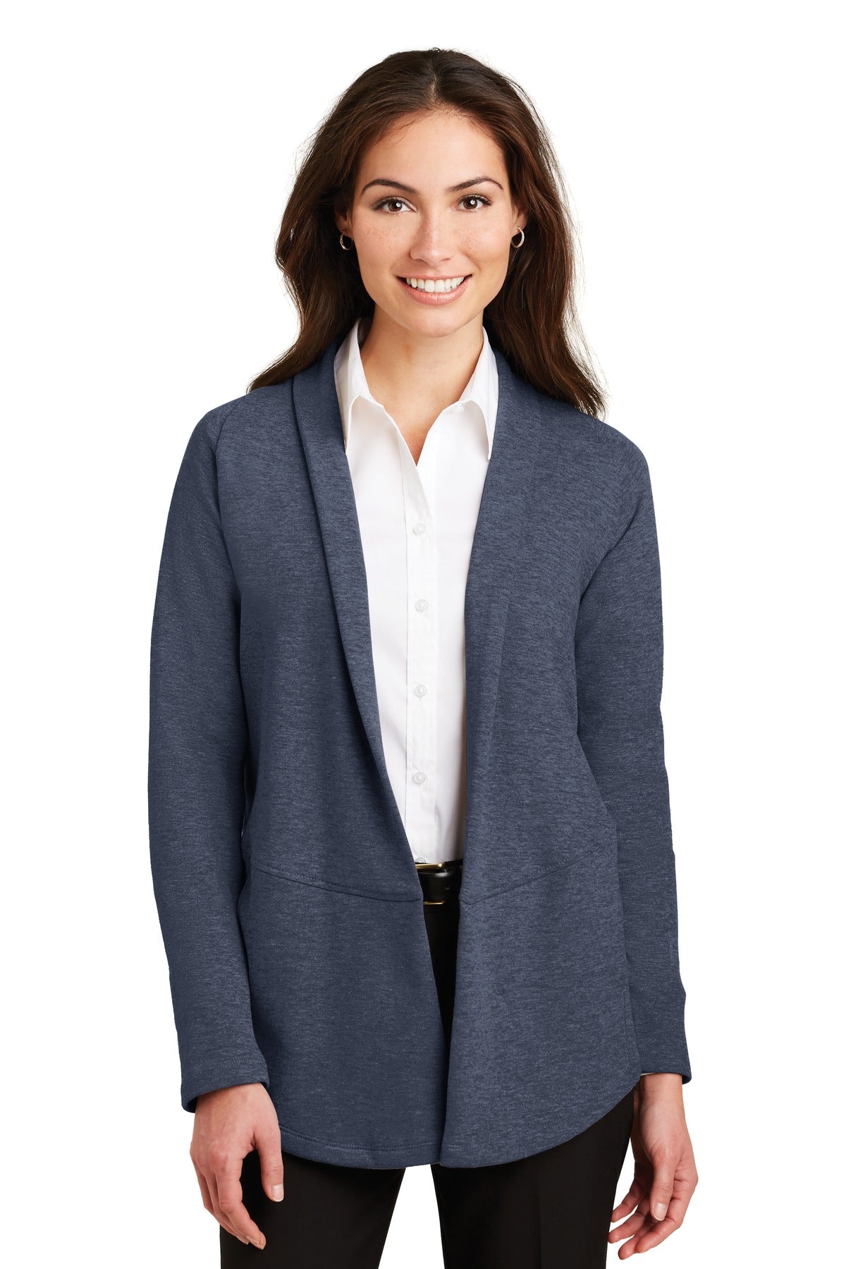 Port Authority Women's Interlock Cardigan. L807 in Estate Blue Heather/ Charcoal Heather