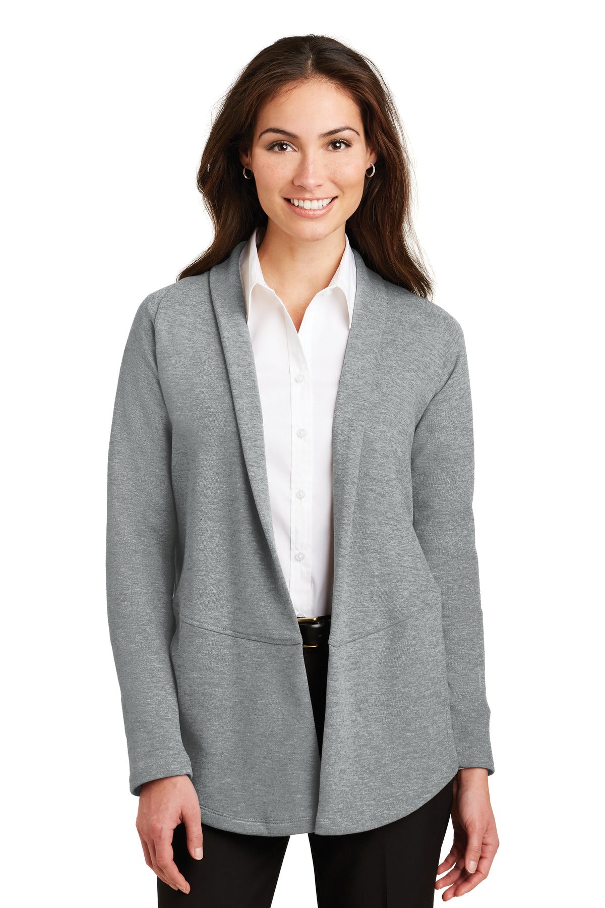 Port Authority Women's Interlock Cardigan. L807 in Medium Heather Grey/ Charcoal Heather