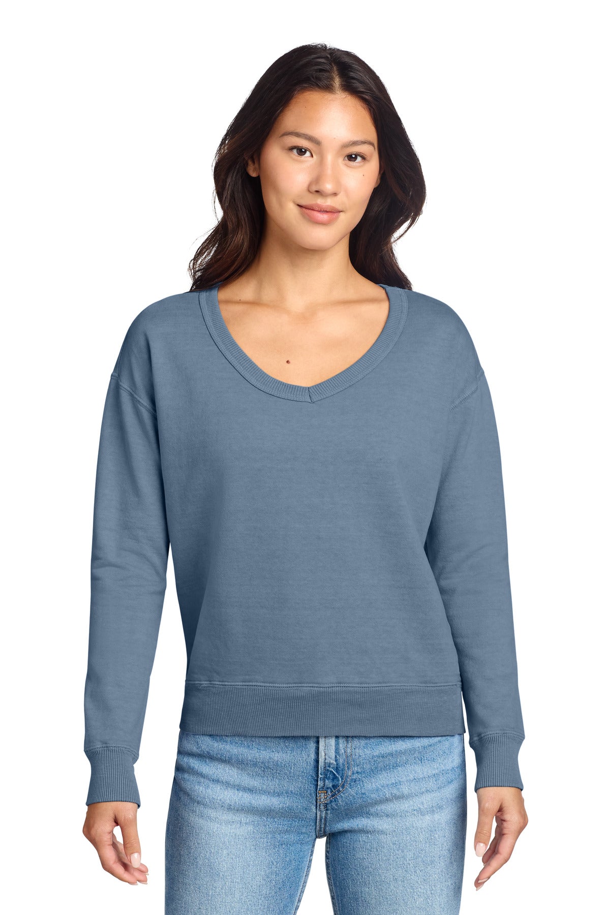 Port & Co Women's Beach Wash Garment-Dyed V-Neck Sweatshirt LPC098V in Faded Denim