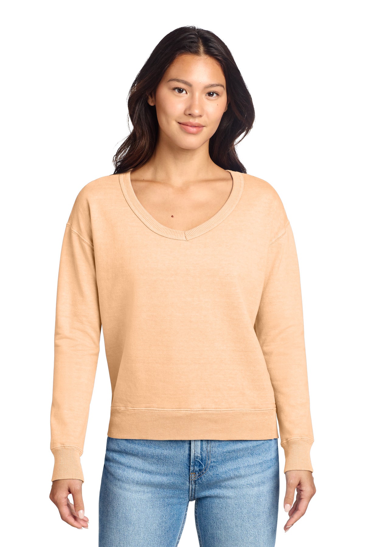 Port & Co Women's Beach Wash Garment-Dyed V-Neck Sweatshirt LPC098V in Peach