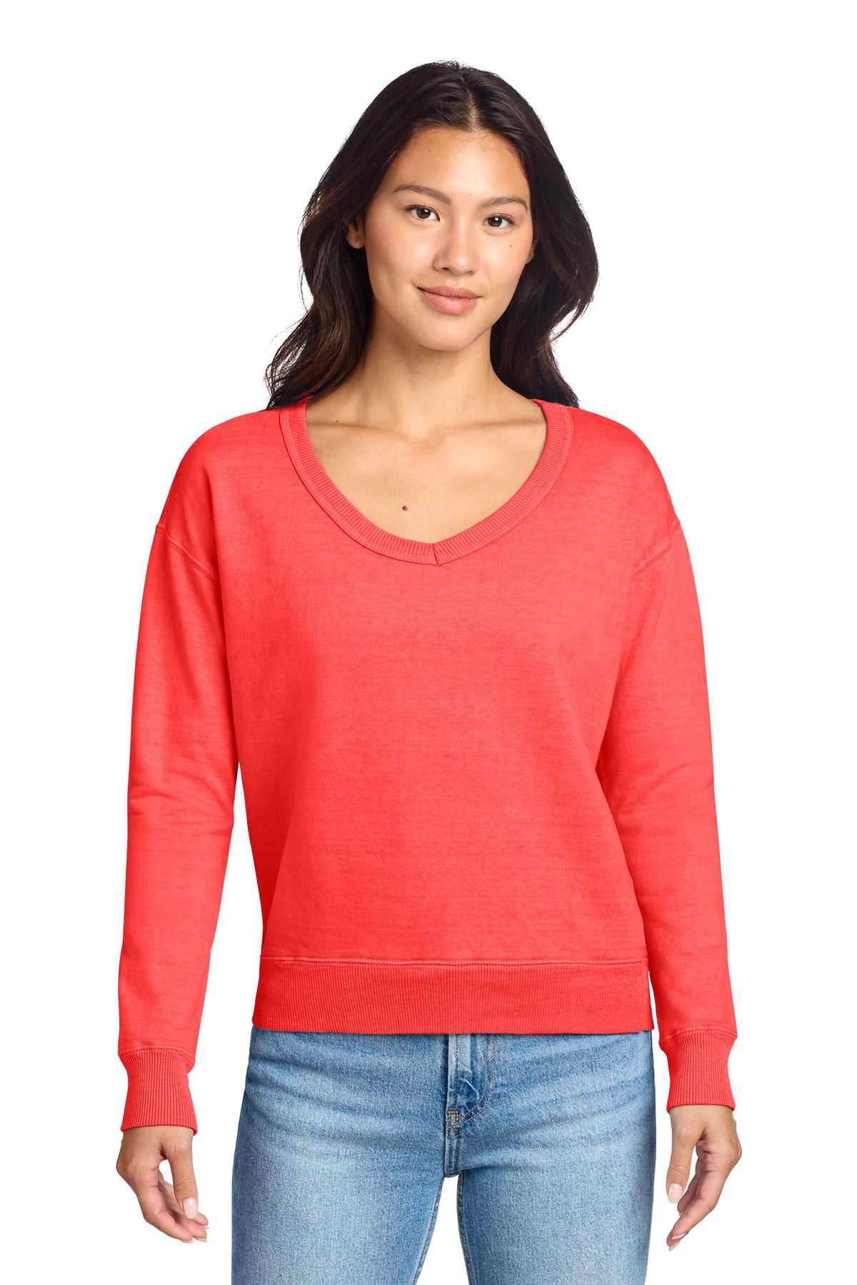 Port & Co Women's Beach Wash Garment-Dyed V-Neck Sweatshirt LPC098V in Poppy