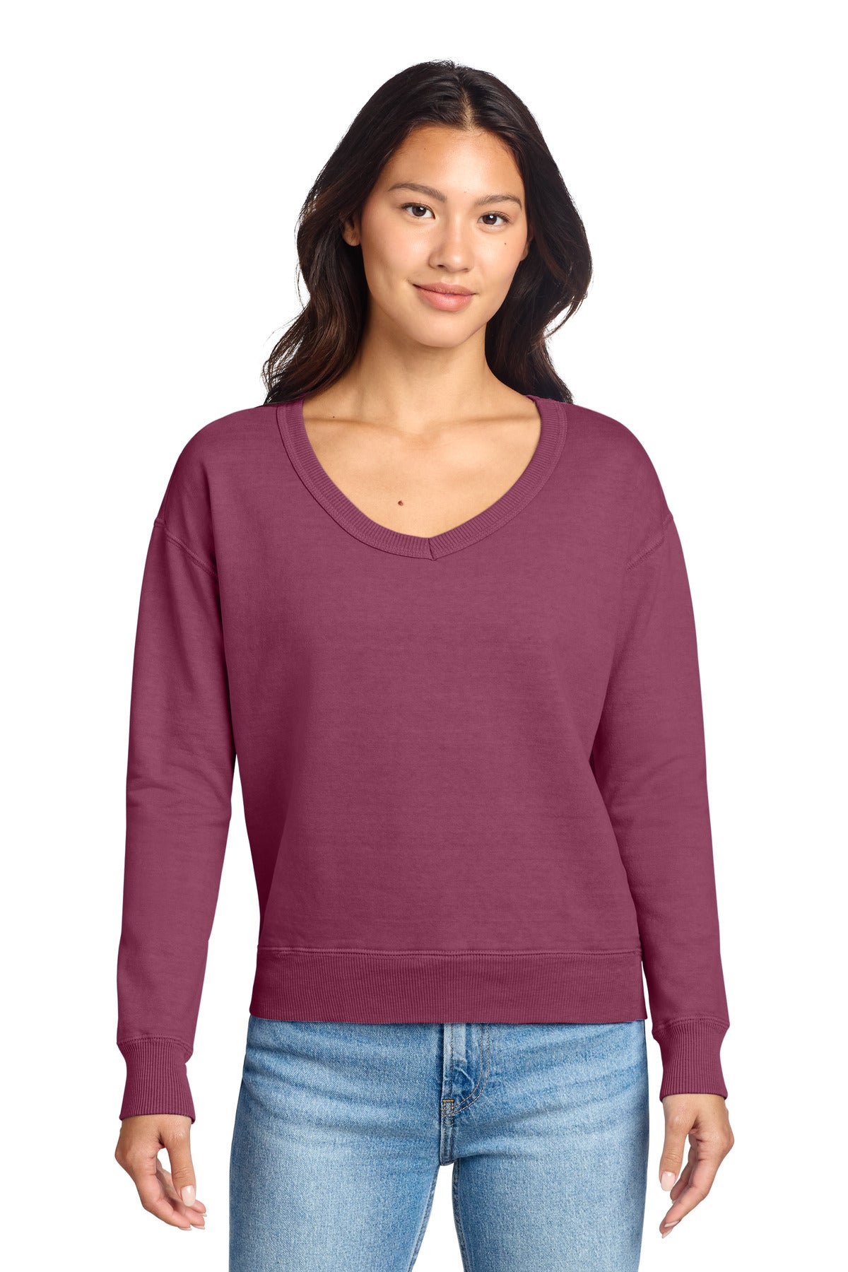 Port & Co Women's Beach Wash Garment-Dyed V-Neck Sweatshirt LPC098V in Vintage Raspberry