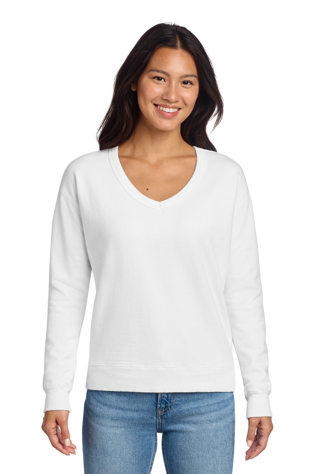 Port & Co Women's Beach Wash Garment-Dyed V-Neck Sweatshirt LPC098V in White