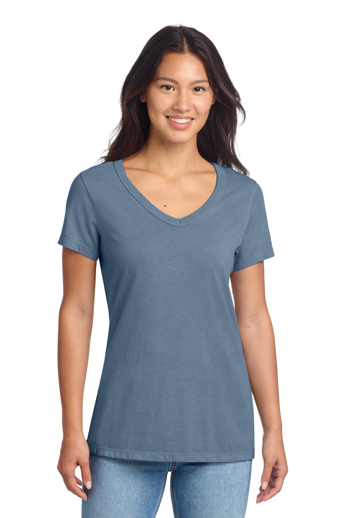 Port & Co Women's Beach Wash Garment-Dyed V-Neck Tee LPC099V in Faded Denim