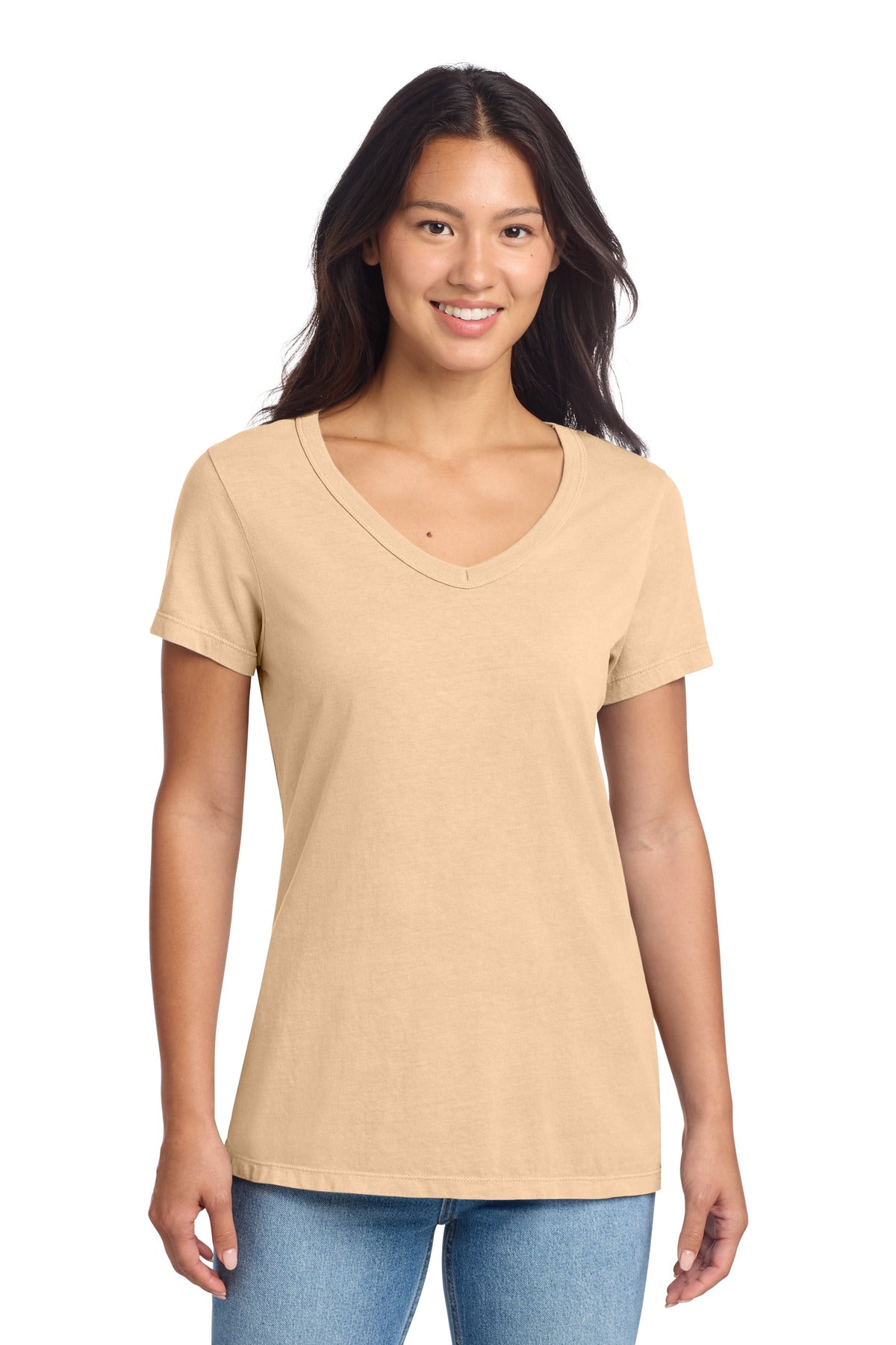 Port & Co Women's Beach Wash Garment-Dyed V-Neck Tee LPC099V in Peach