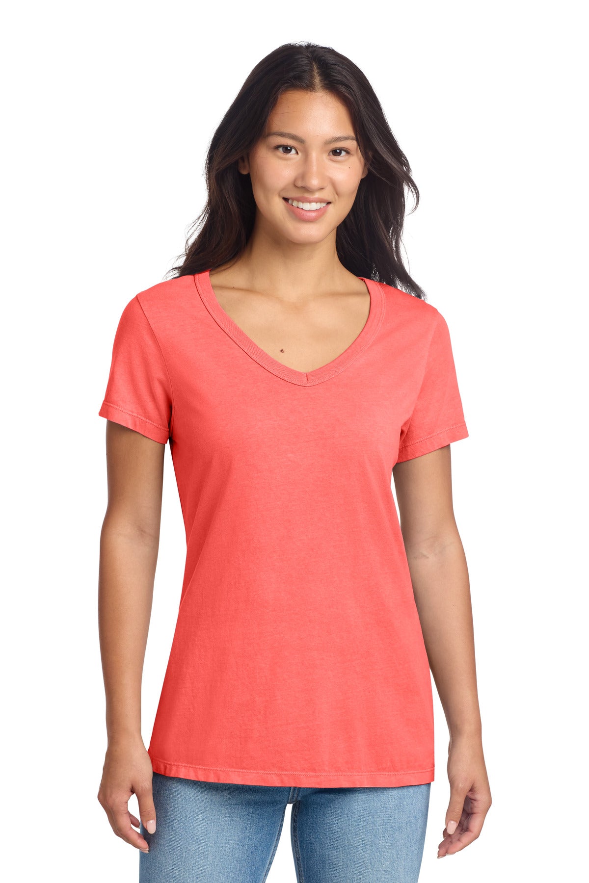 Port & Co Women's Beach Wash Garment-Dyed V-Neck Tee LPC099V in Poppy