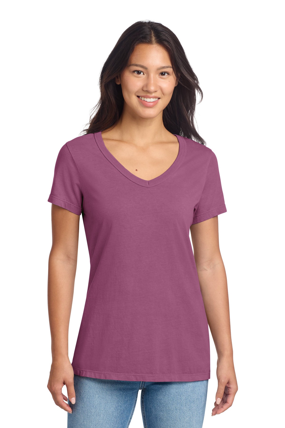 Port & Co Women's Beach Wash Garment-Dyed V-Neck Tee LPC099V in Vintage Raspberry