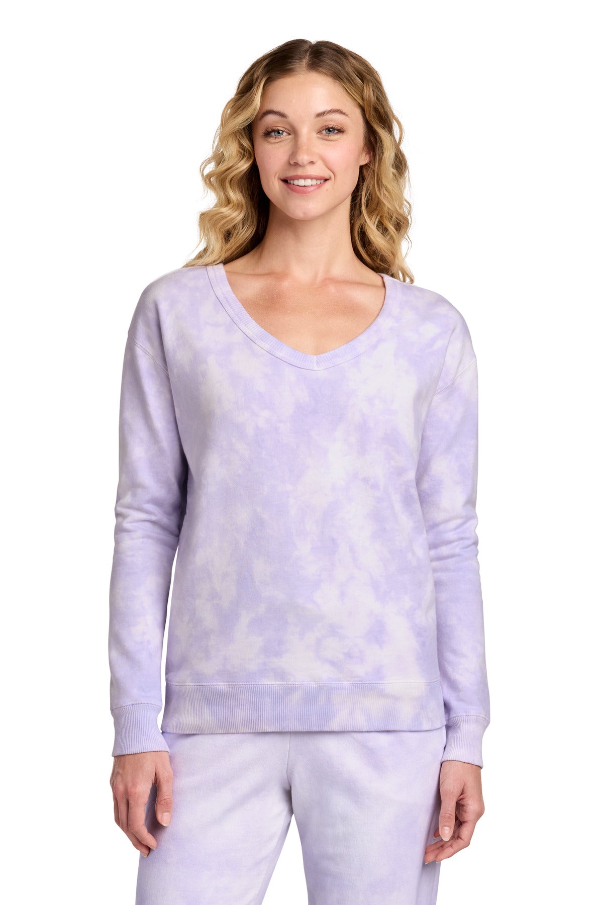 Port & Co Women's Beach Wash Cloud Tie-Dye V-Neck Sweatshirt LPC140V in Amethyst