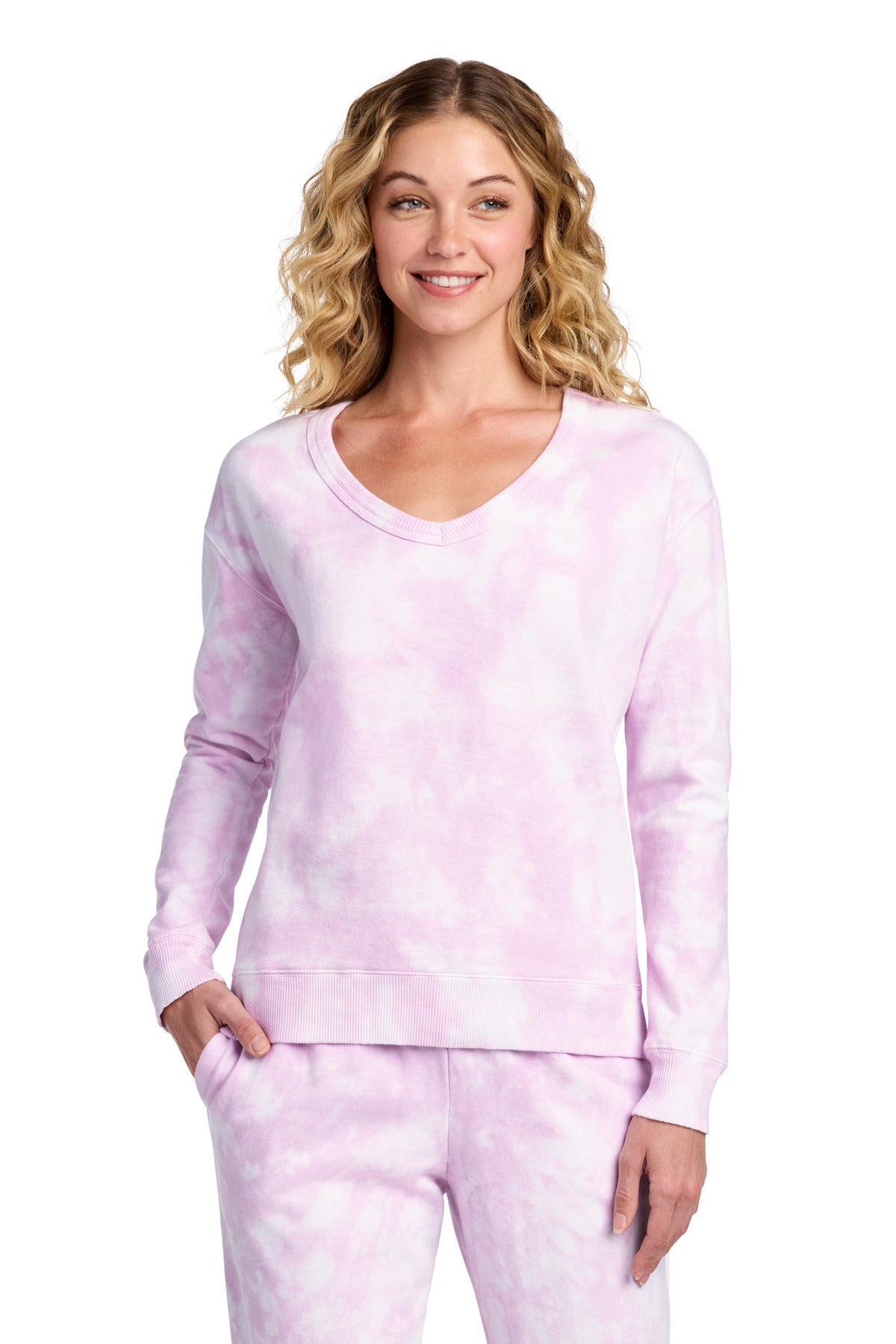 Port & Co Women's Beach Wash Cloud Tie-Dye V-Neck Sweatshirt LPC140V in Cerise Pink