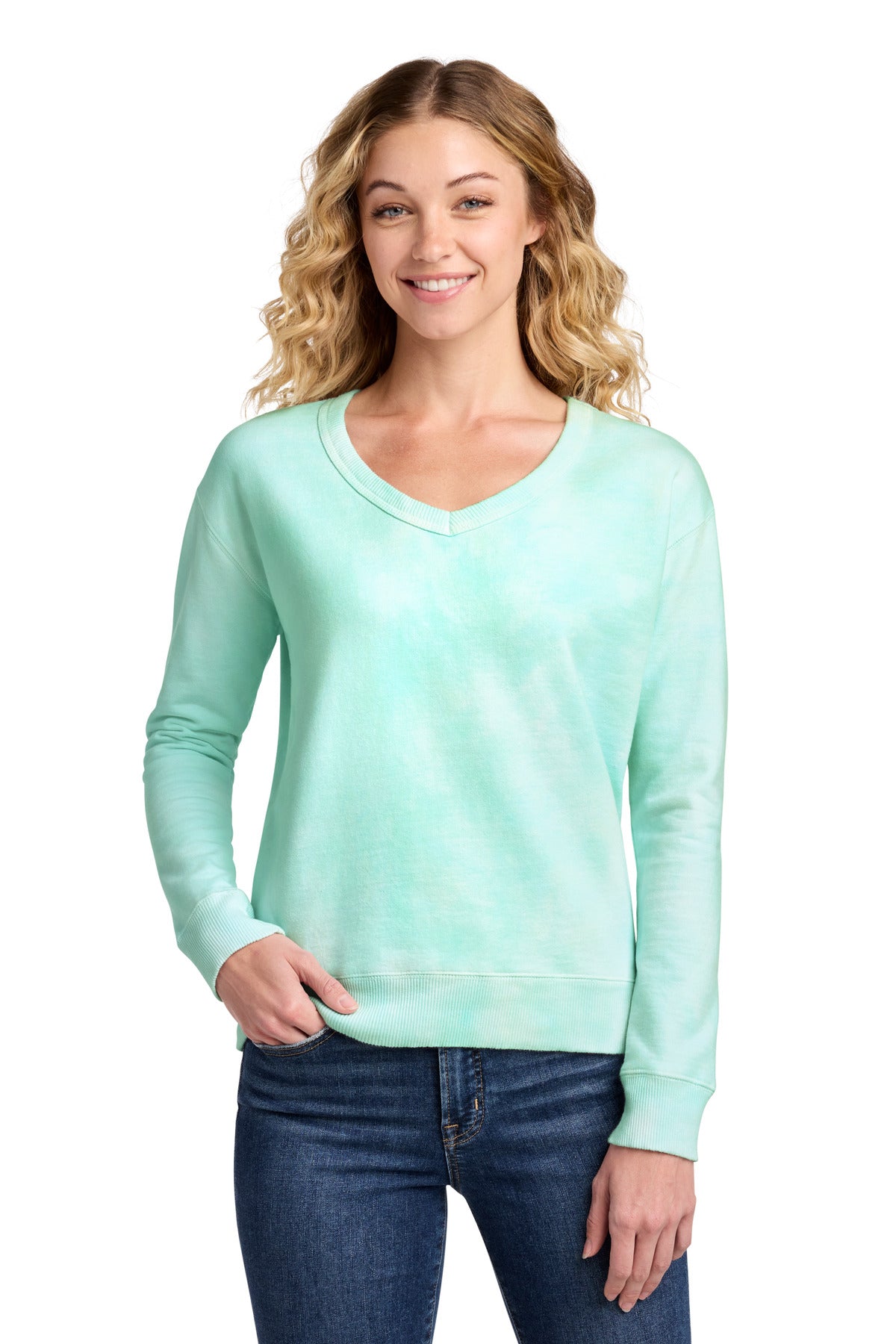 Port & Co Women's Beach Wash Cloud Tie-Dye V-Neck Sweatshirt LPC140V in Cool Mint