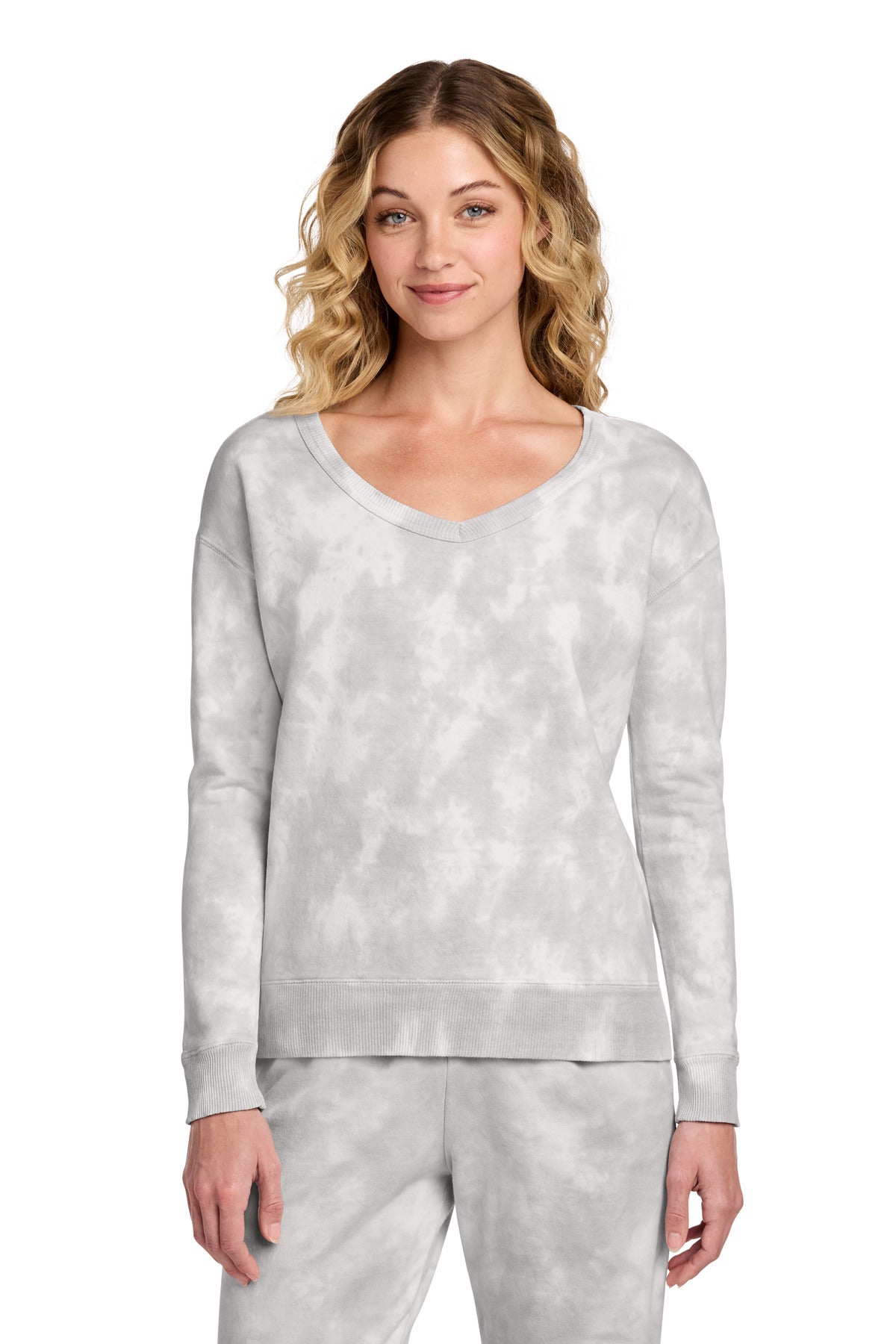 Port & Co Women's Beach Wash Cloud Tie-Dye V-Neck Sweatshirt LPC140V in Dove Grey
