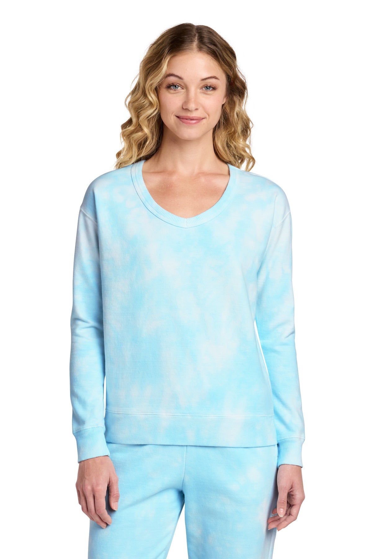Port & Co Women's Beach Wash Cloud Tie-Dye V-Neck Sweatshirt LPC140V in Glacier