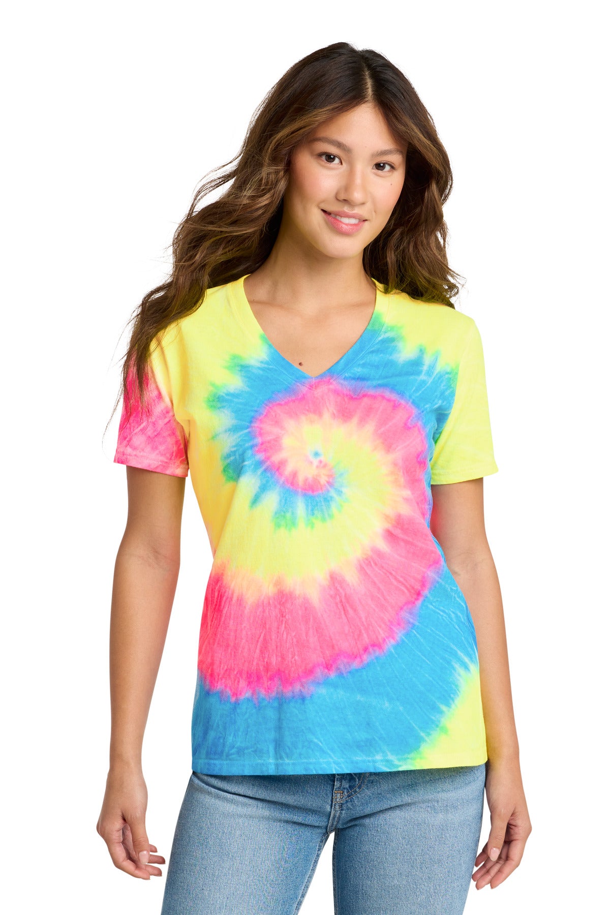 Port & Co Women's Tie-Dye V-Neck Tee.  LPC147V in Neon Rainbow