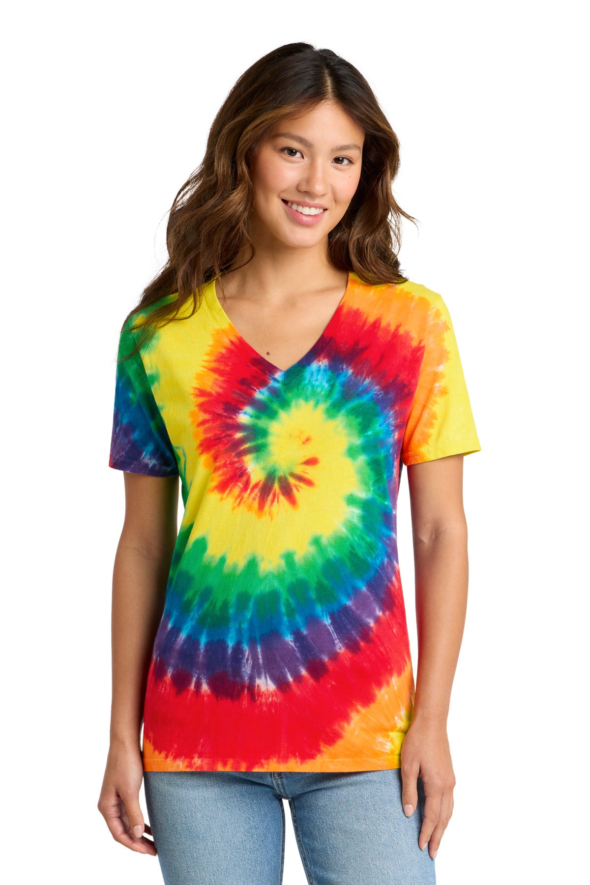 Port & Co Women's Tie-Dye V-Neck Tee.  LPC147V in Rainbow