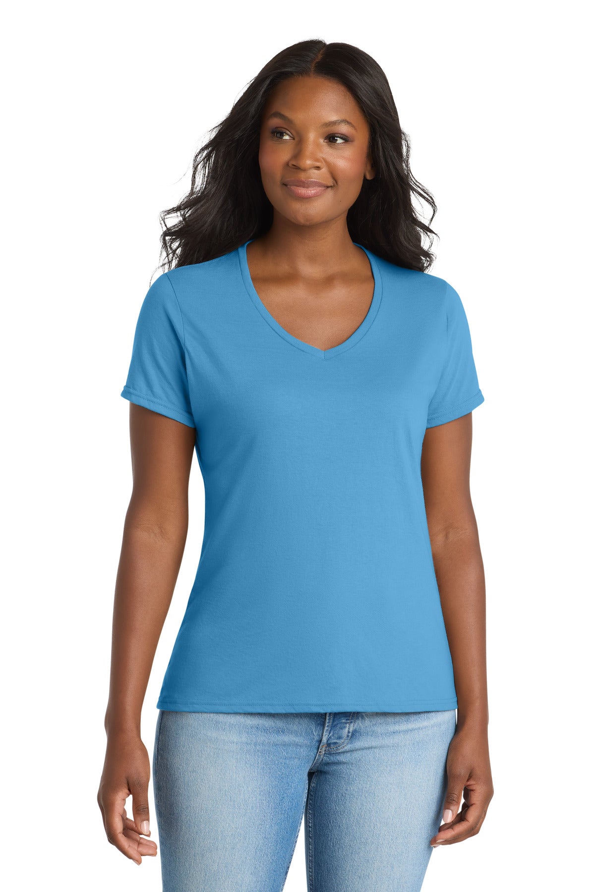 Port & Co Women's Performance Blend V-Neck Tee. LPC381V in Aquatic Blue