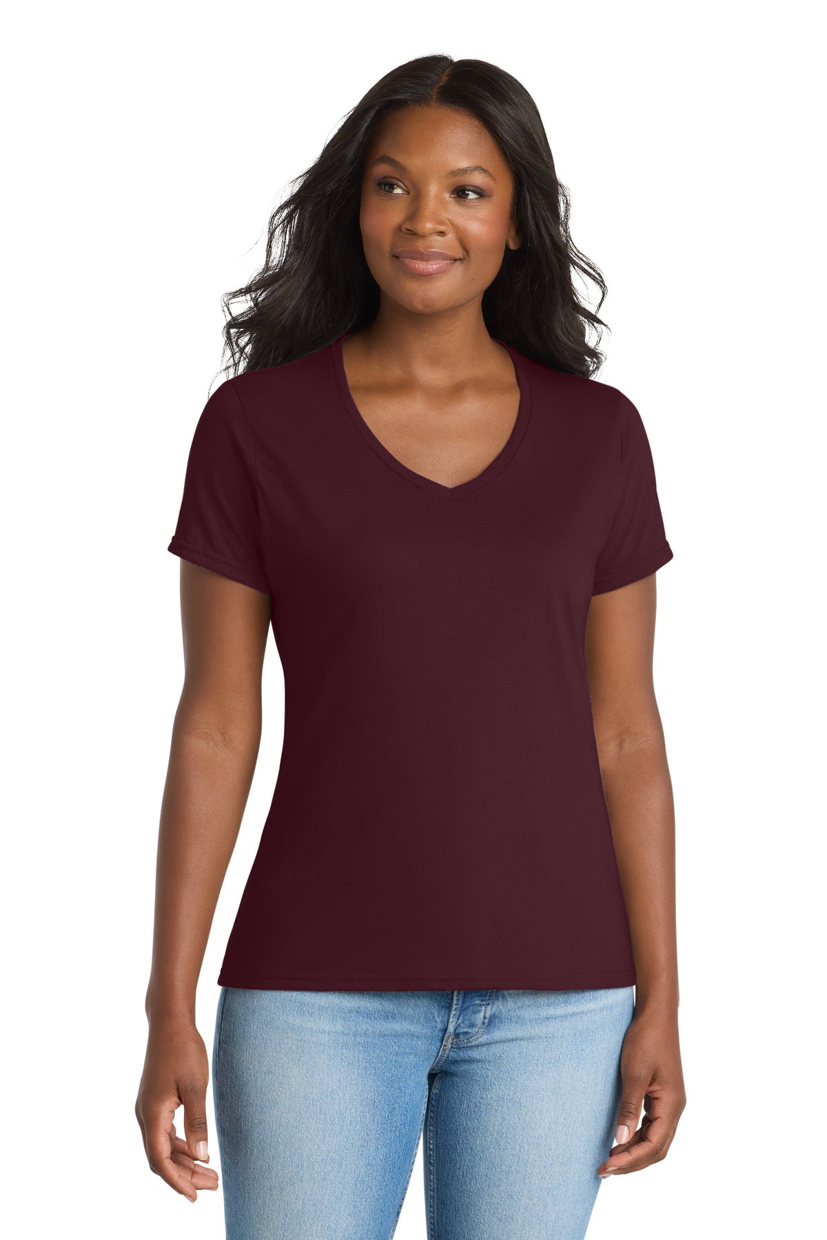 Port & Co Women's Performance Blend V-Neck Tee. LPC381V in Athletic Maroon