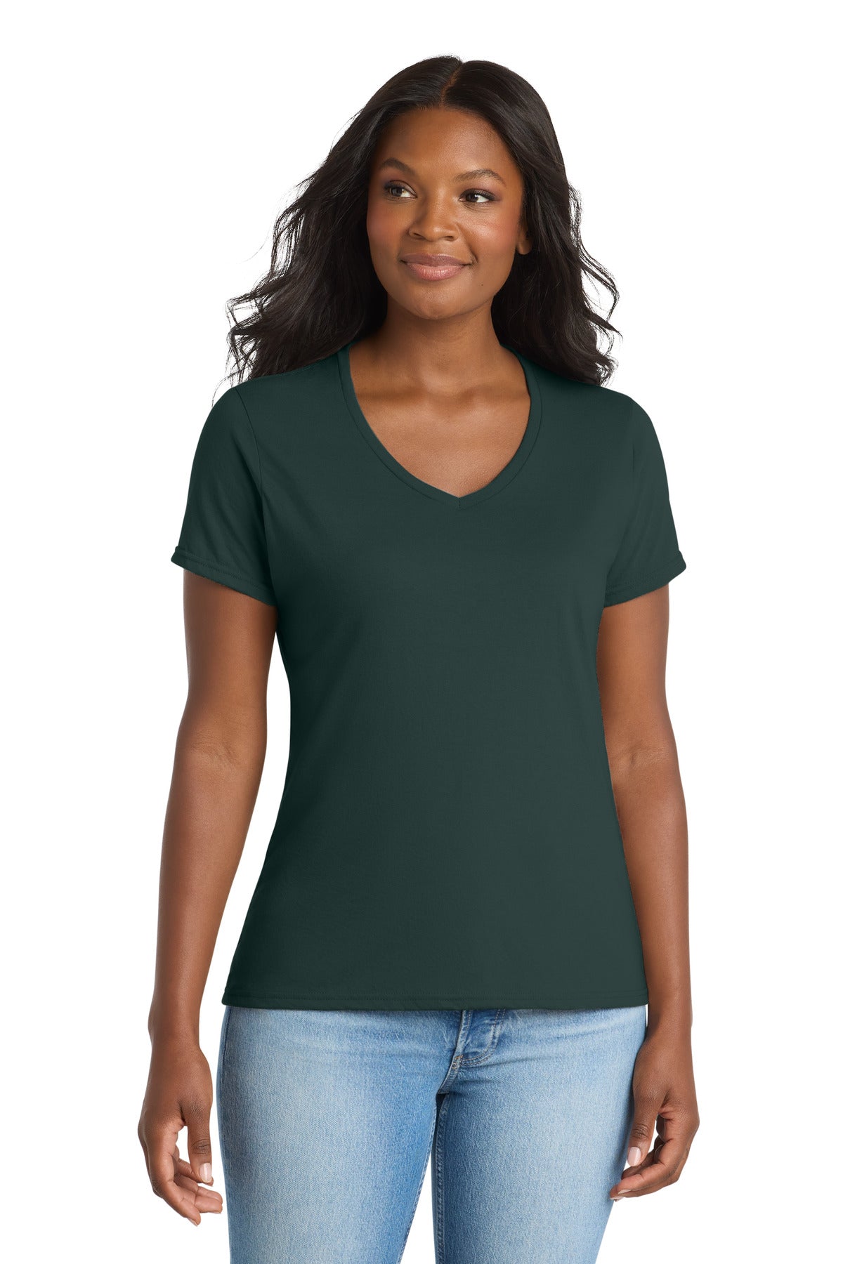 Port & Co Women's Performance Blend V-Neck Tee. LPC381V in Dark Green