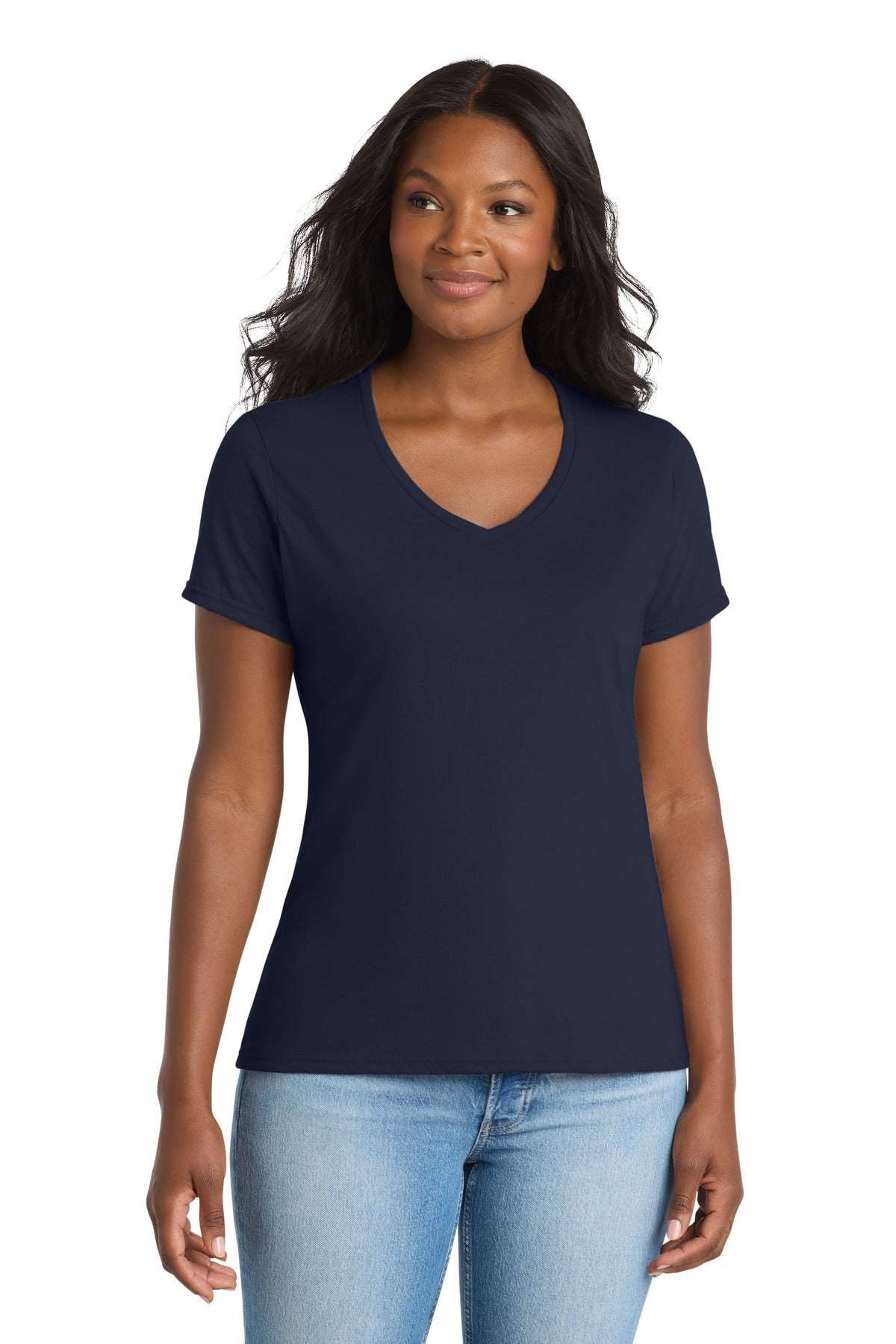 Port & Co Women's Performance Blend V-Neck Tee. LPC381V in Deep Navy