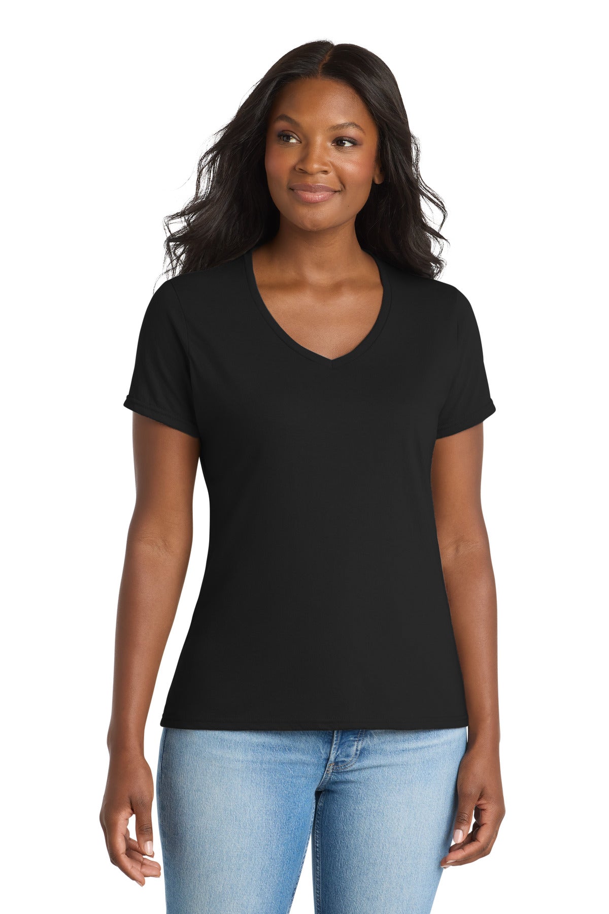 Port & Co Women's Performance Blend V-Neck Tee. LPC381V in Jet Black