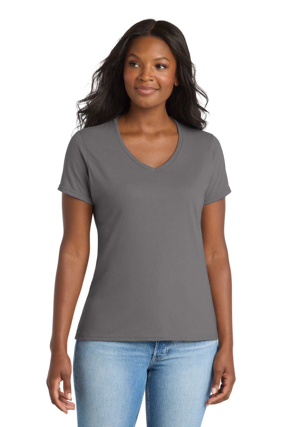Port & Co Women's Performance Blend V-Neck Tee. LPC381V in Medium Grey