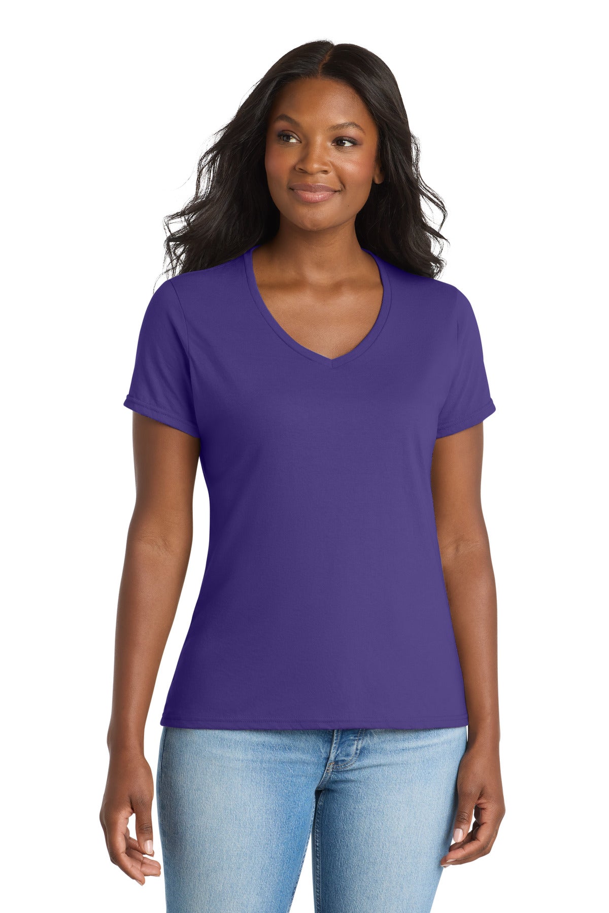 Port & Co Women's Performance Blend V-Neck Tee. LPC381V in Purple
