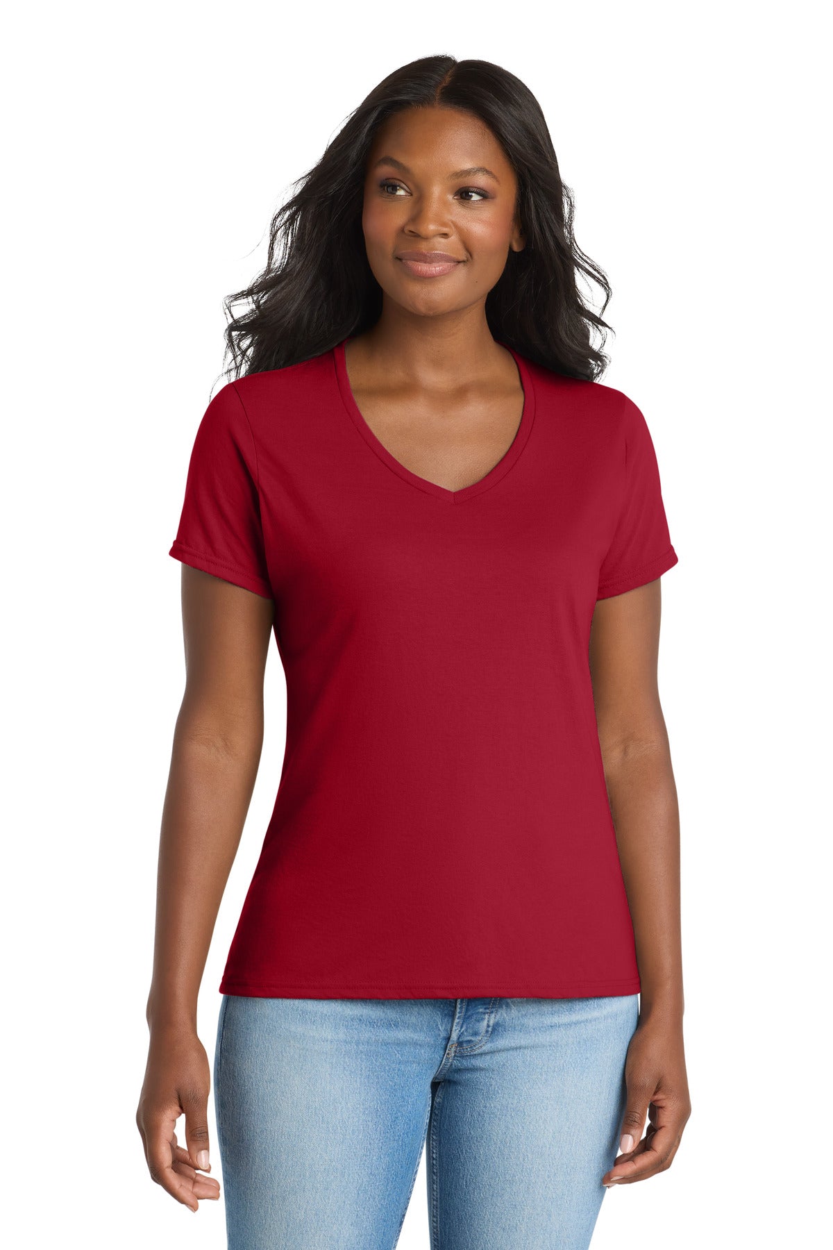 Port & Co Women's Performance Blend V-Neck Tee. LPC381V in Red