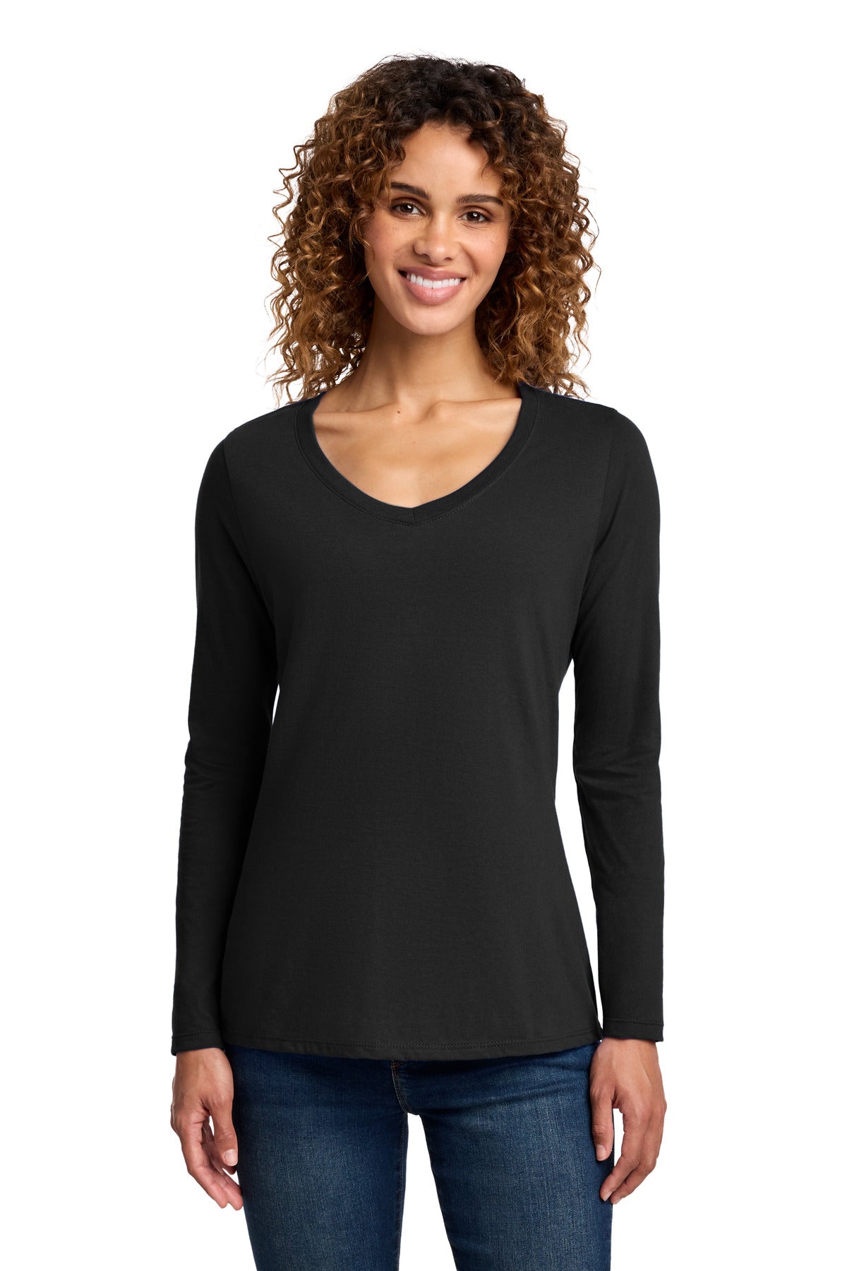 Port & Co Women's Long Sleeve Fan Favorite V-Neck Tee. LPC450VLS in Jet Black