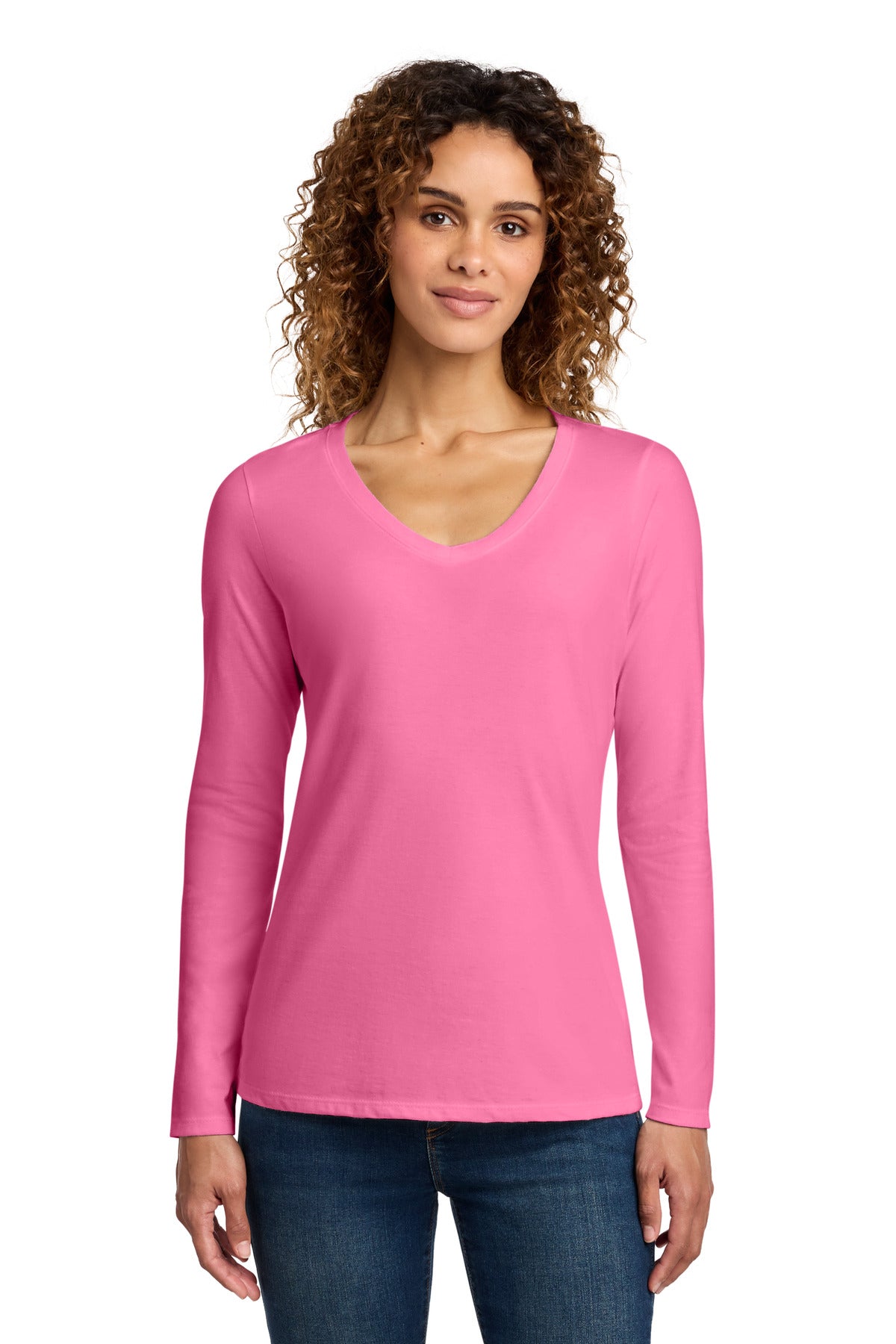 Port & Co Women's Long Sleeve Fan Favorite V-Neck Tee. LPC450VLS in New Pink