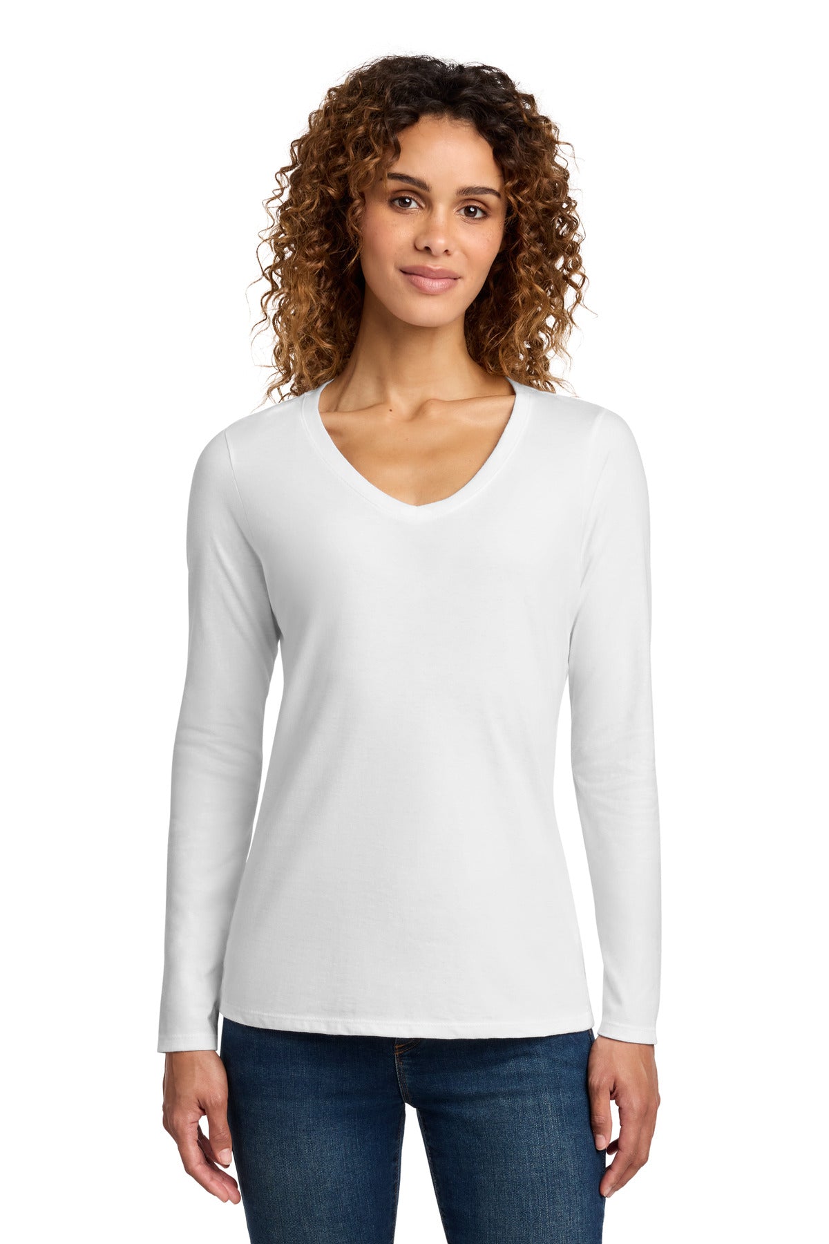 Port & Co Women's Long Sleeve Fan Favorite V-Neck Tee. LPC450VLS in White