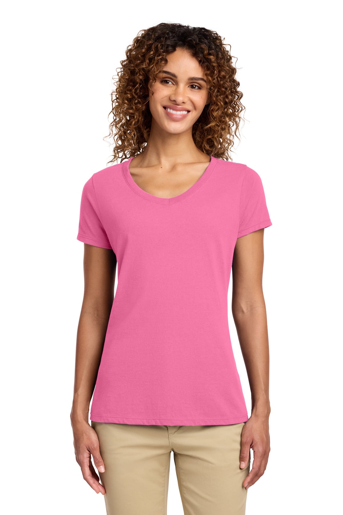 Port & Co Women's Fan Favorite V-Neck Tee. LPC450V in New Pink