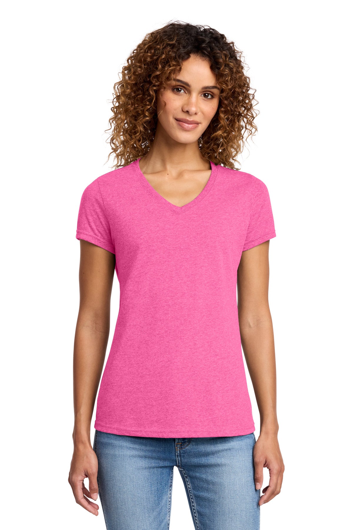 Port & Co Women's Fan Favorite Blend V-Neck Tee. LPC455V in Neon Pink Heather
