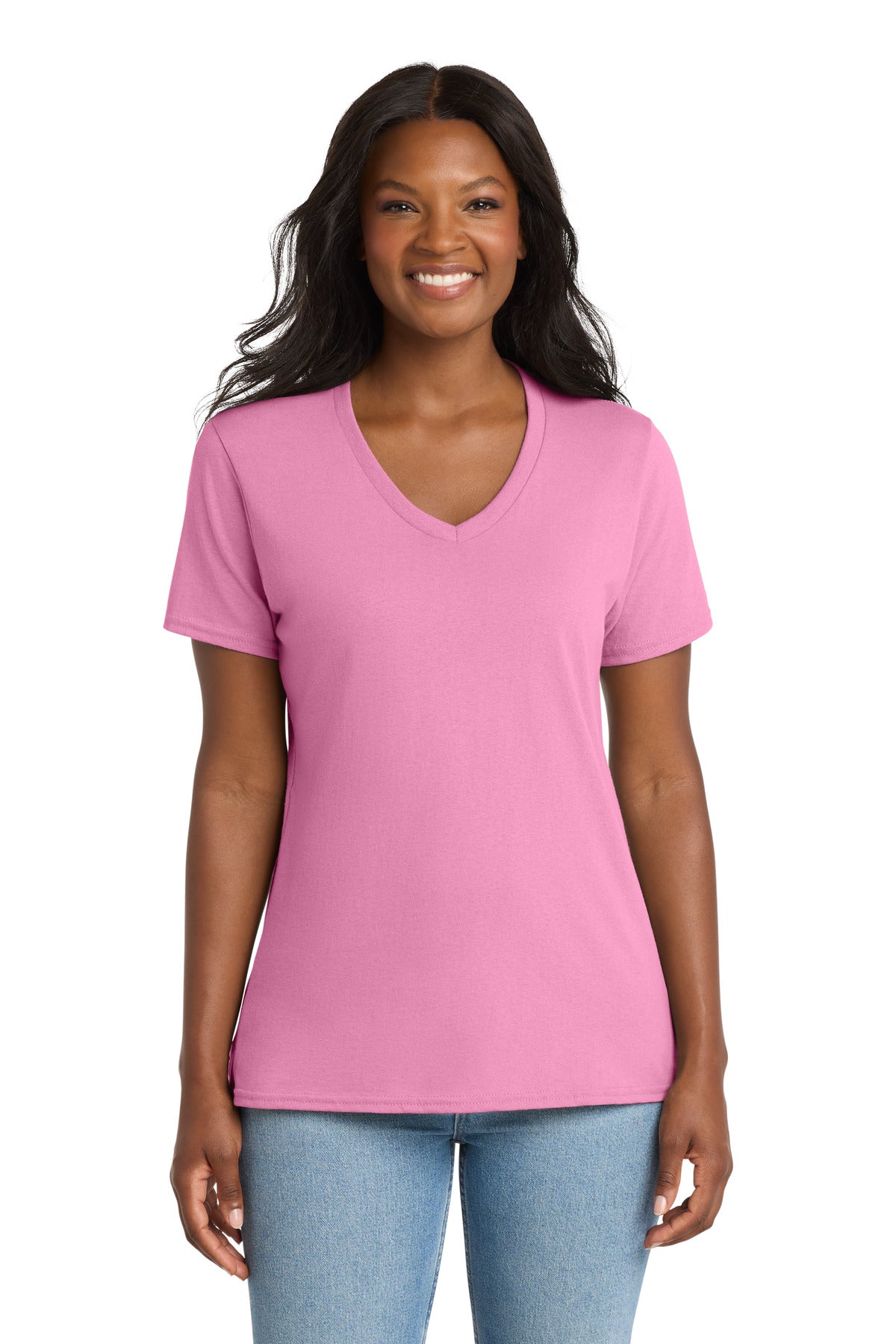 Port & Co Women's Core Cotton V-Neck Tee. LPC54V in Candy Pink