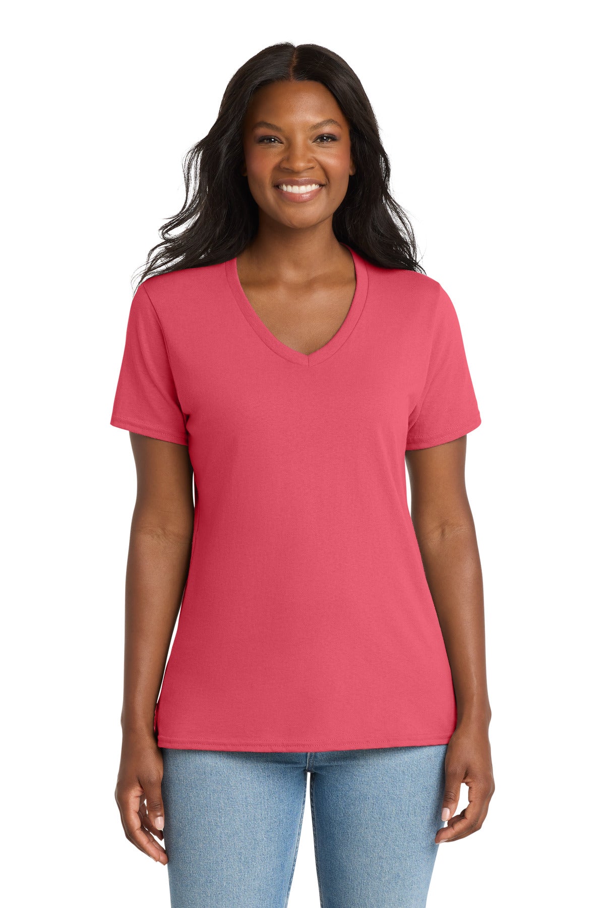 Port & Co Women's Core Cotton V-Neck Tee. LPC54V in Coral