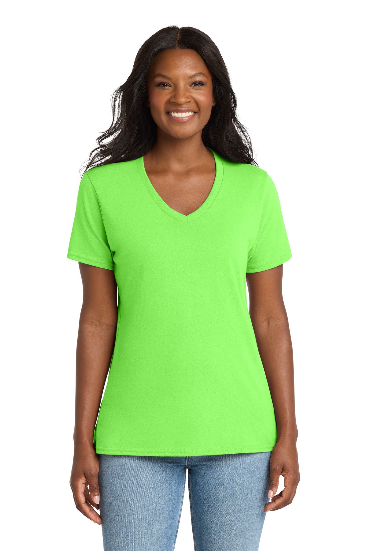 Port & Co Women's Core Cotton V-Neck Tee. LPC54V in Neon Green