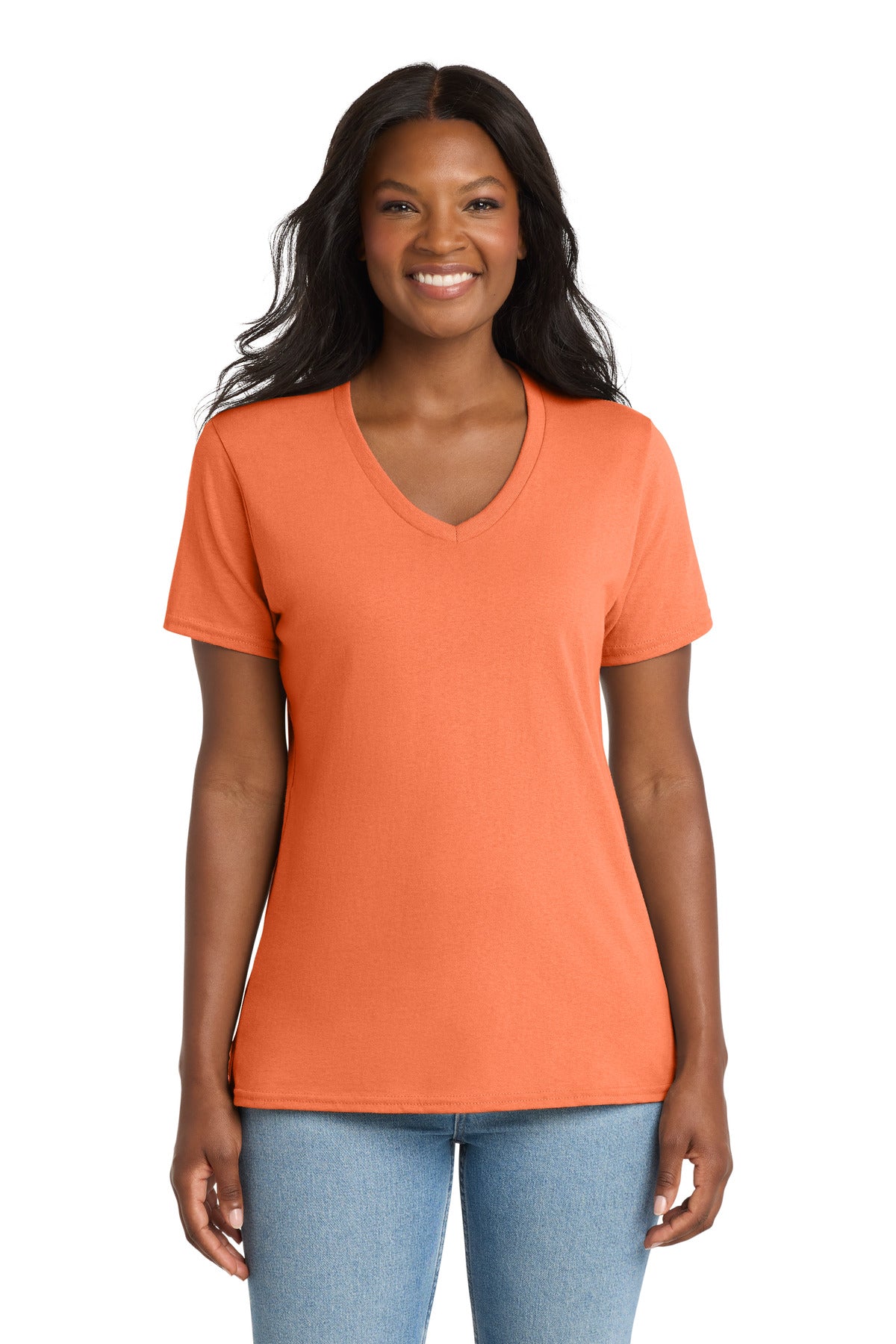 Port & Co Women's Core Cotton V-Neck Tee. LPC54V in Neon Orange