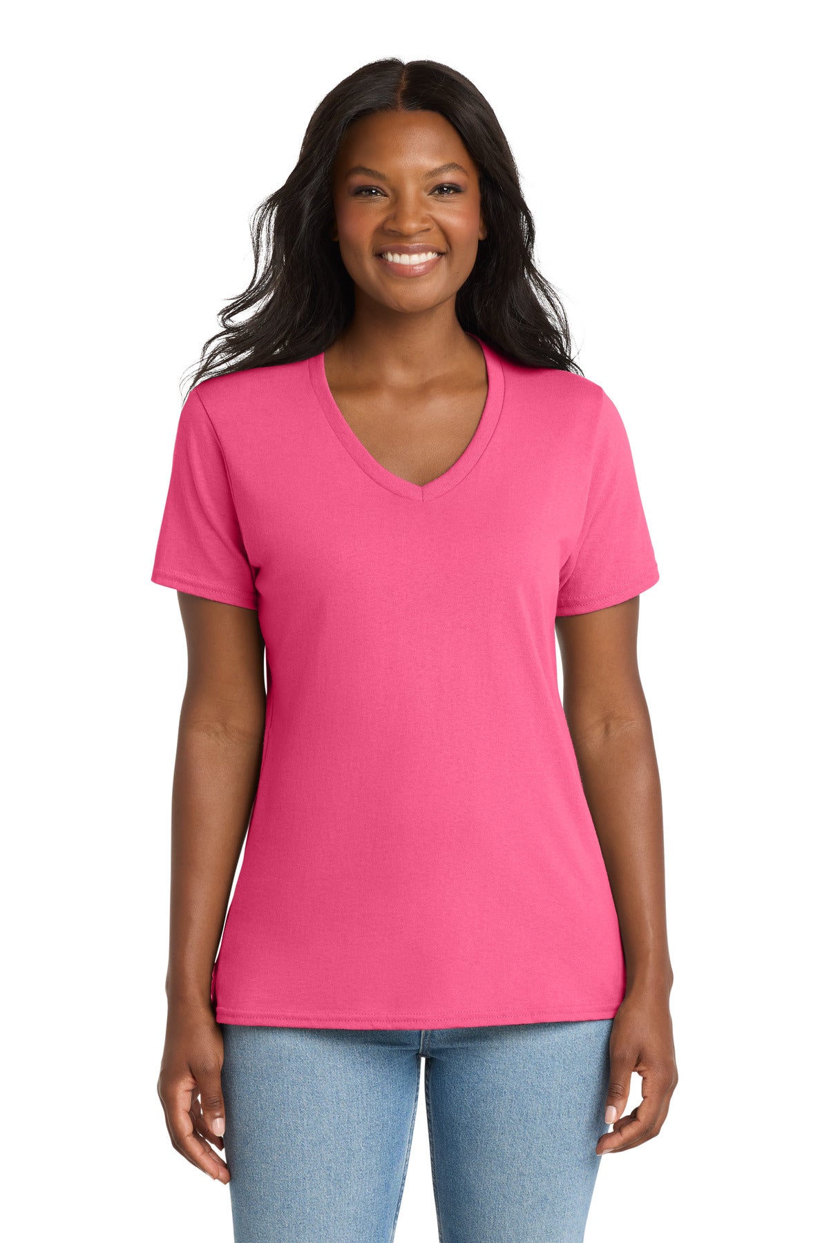 Port & Co Women's Core Cotton V-Neck Tee. LPC54V in Neon Pink