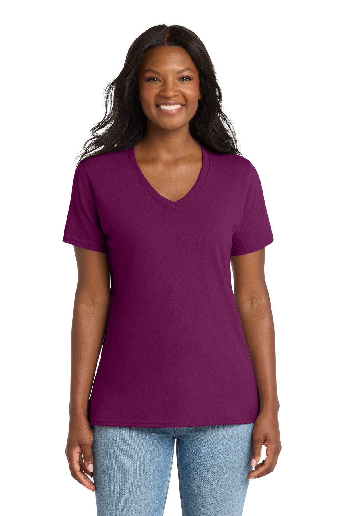 Port & Co Women's Core Cotton V-Neck Tee. LPC54V in Raspberry