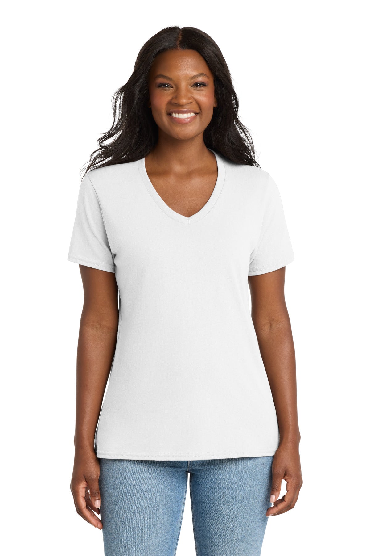 Port & Co Women's Core Cotton V-Neck Tee. LPC54V in White