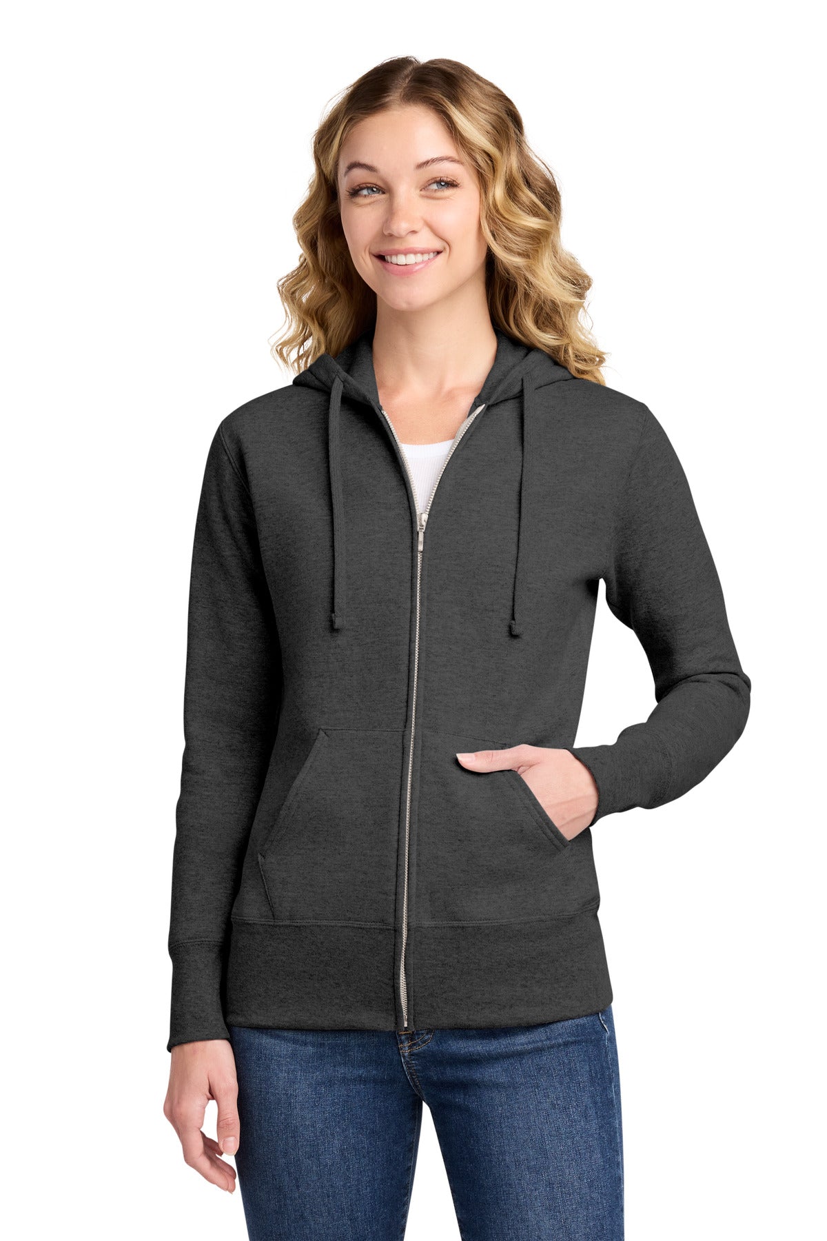 Port & Co Women's Core Fleece Full-Zip Hooded Sweatshirt. LPC78ZH in Dark Heather Grey