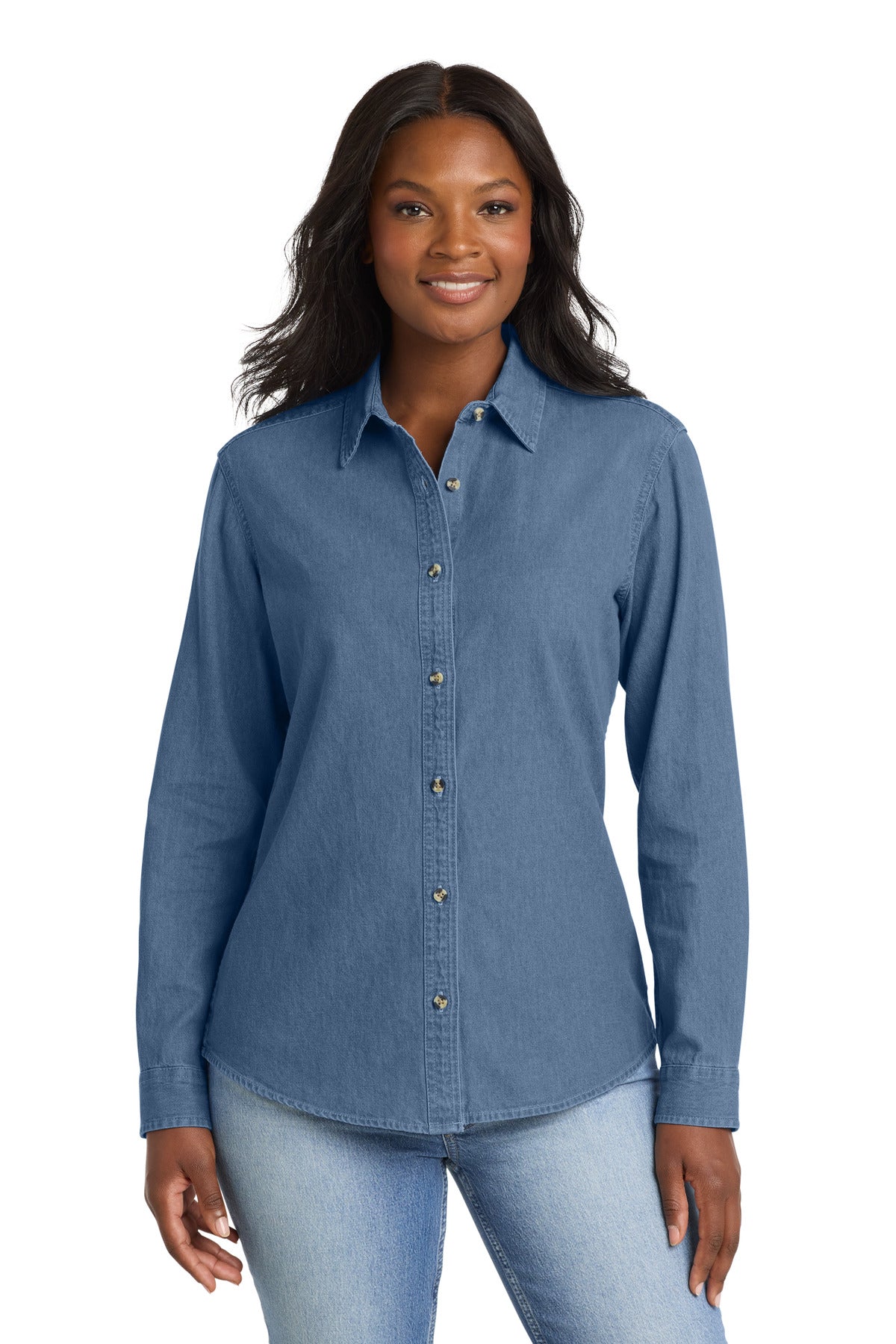 Port & Co Women's Long Sleeve Value Denim Shirt.  LSP10 in Faded Blue