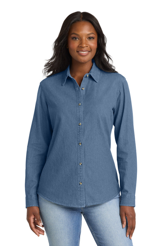 Port & Co Women's Long Sleeve Value Denim Shirt.  LSP10 in Faded Blue